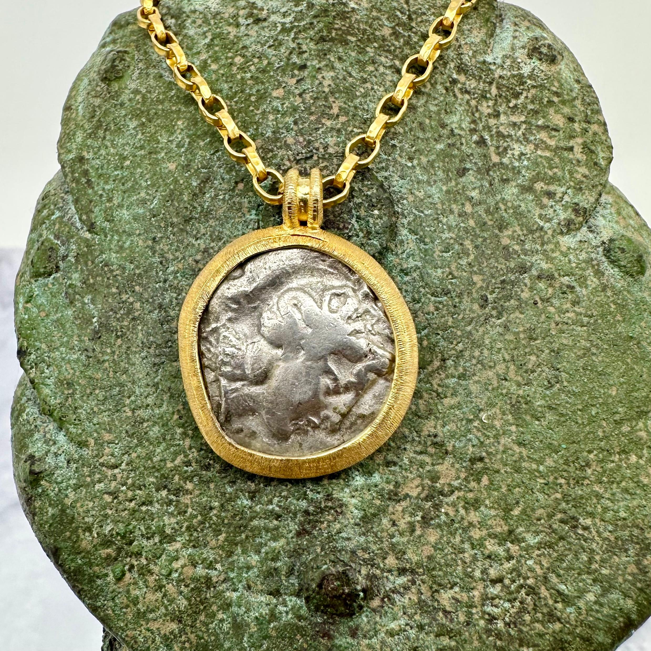 Classical Greek Ancient Greek 5th Century BCE Silver Bull Coin 18k Gold Pendant For Sale