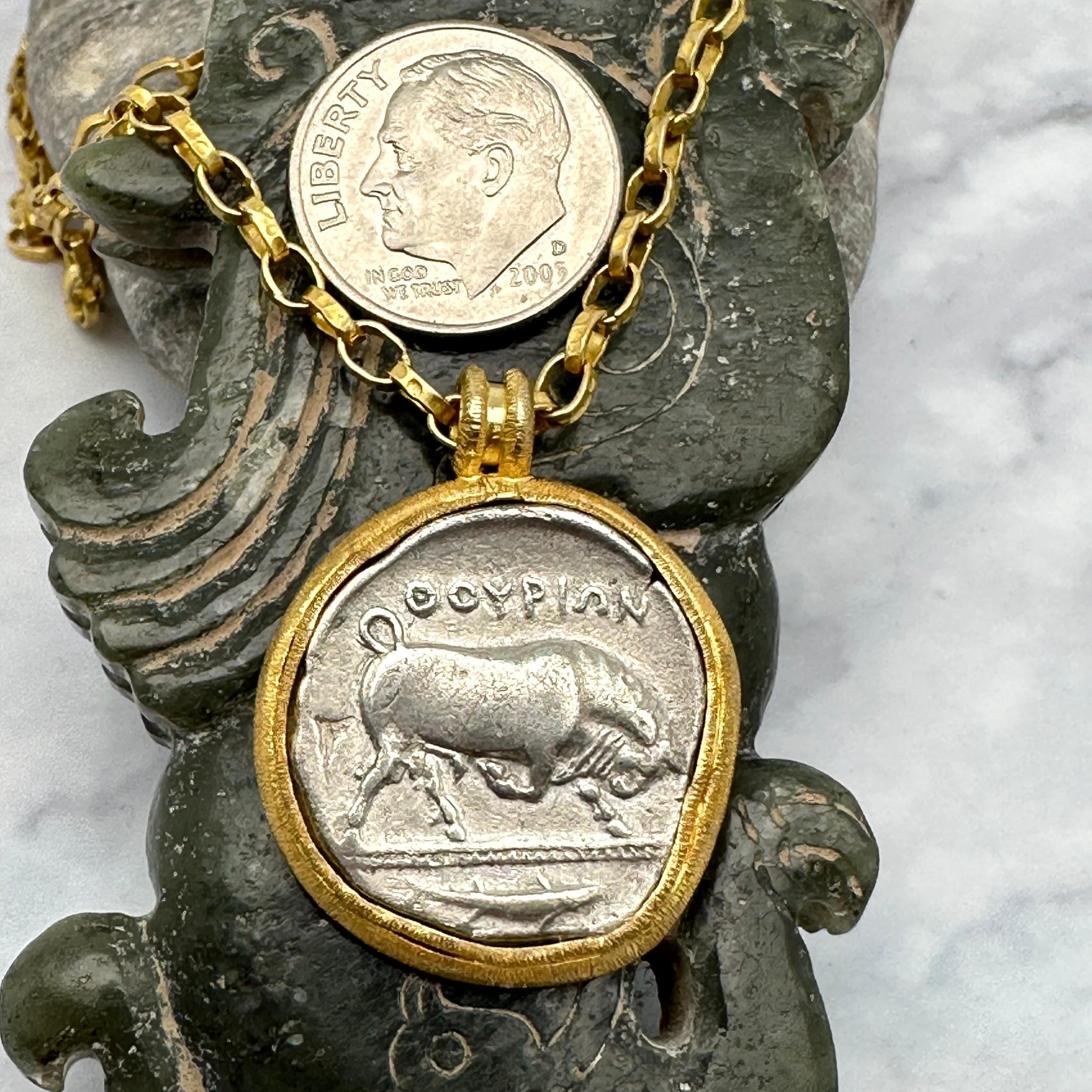 Women's or Men's Ancient Greek 5th Century BCE Silver Bull Coin 18k Gold Pendant For Sale