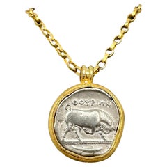 Ancient Greek 5th Century BC Silver Bull Coin 18K Gold Pendant