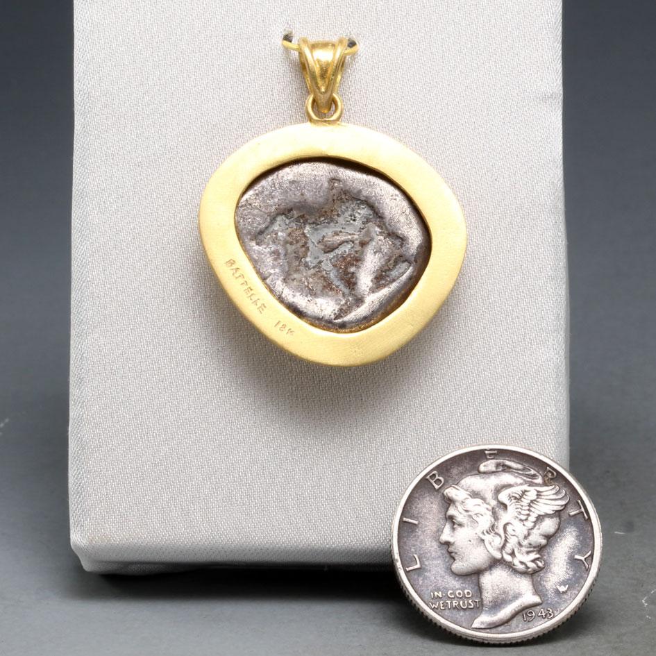 Classical Greek Ancient Greek 6th Century BC Griffin Coin 18K Gold Pendant For Sale