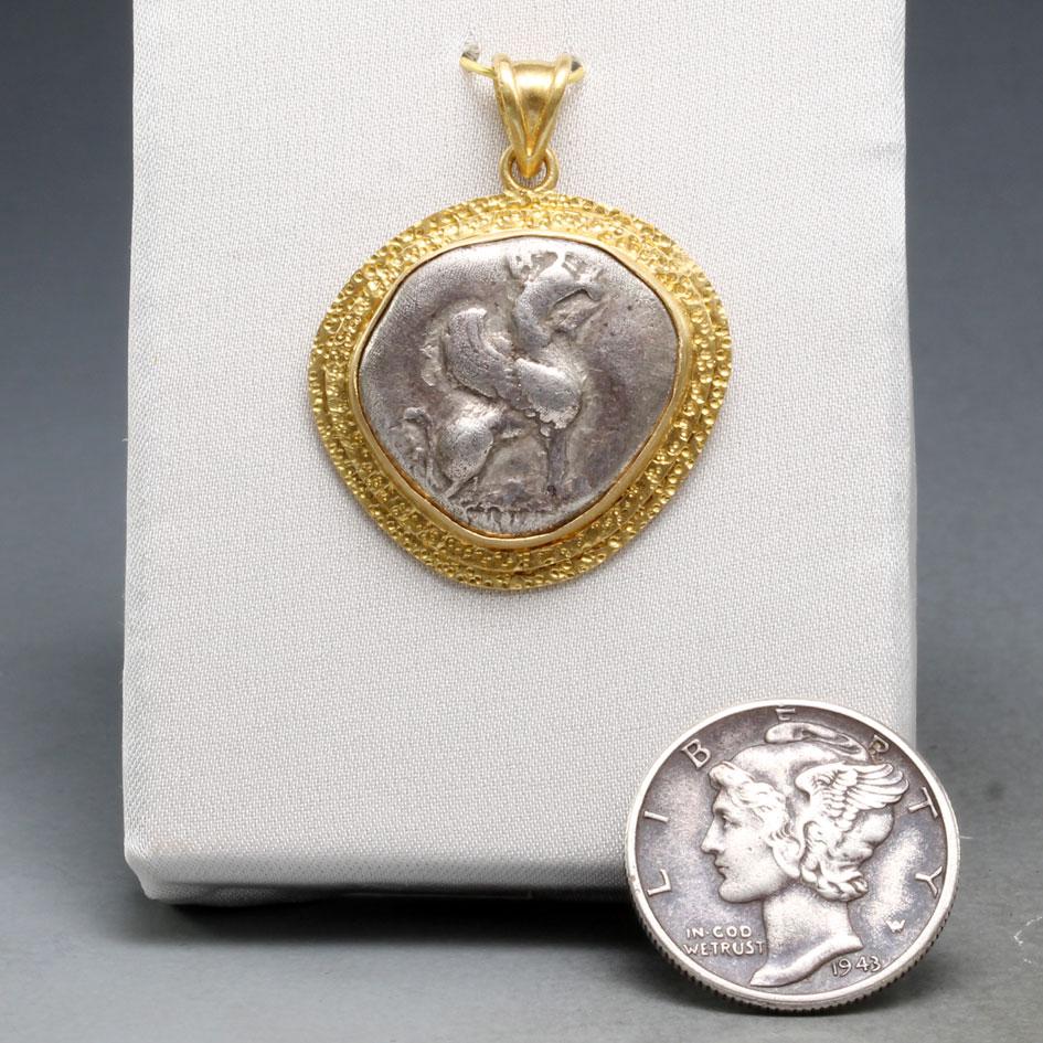 Classical Greek Ancient Greek 6th Century BC Griffin Coin 18K Gold Pendant For Sale