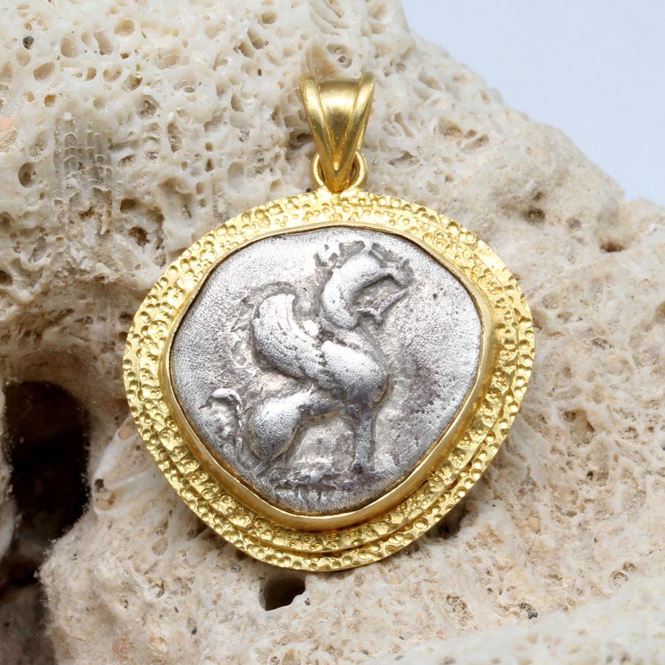 Women's or Men's Ancient Greek 6th Century BC Griffin Coin 18K Gold Pendant For Sale
