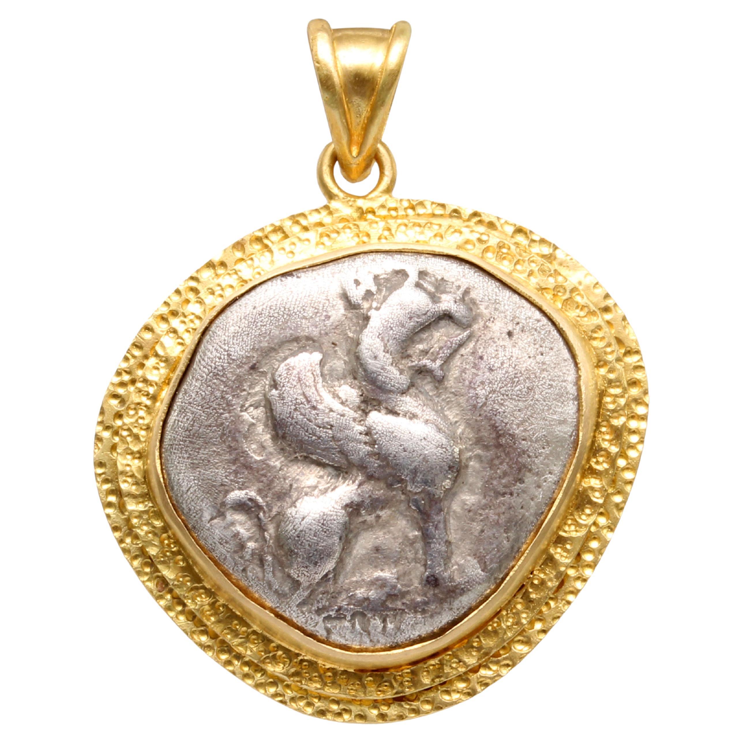 Ancient Greek 6th Century BC Griffin Coin 18K Gold Pendant For Sale