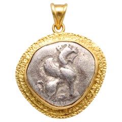 Antique Ancient Greek 6th Century BC Griffin Coin 18K Gold Pendant