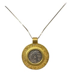Ancient Greek Alexander The Great and Zeus Coin Pendant Necklace 22 Karat Gold