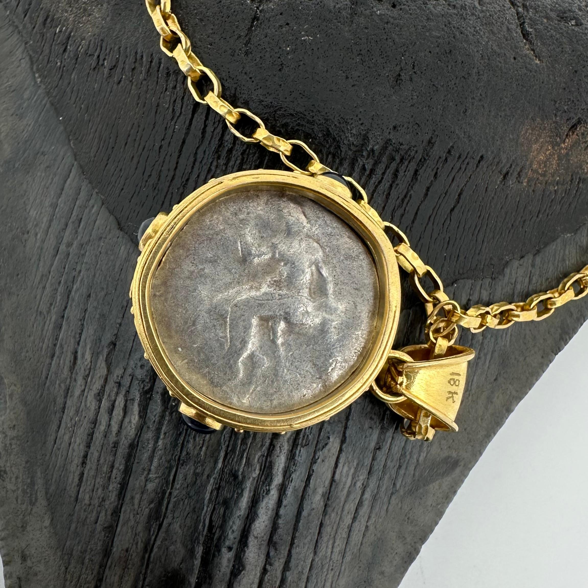 Ancient Greek Alexander the Great Lion Coin Blue Sapphires 18K Gold Pendant For Sale 5