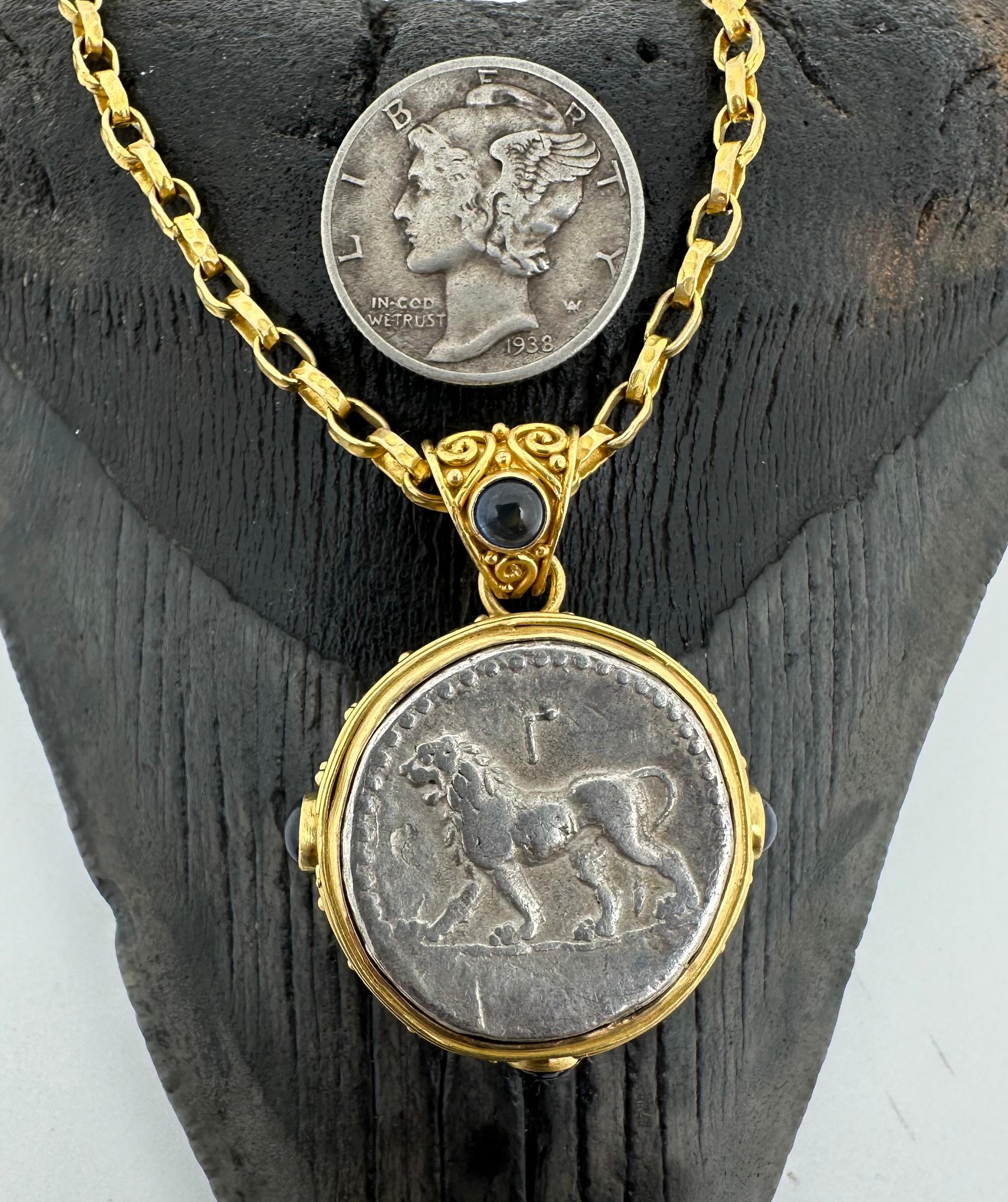 Ancient Greek Alexander the Great Lion Coin Blue Sapphires 18K Gold Pendant For Sale 6