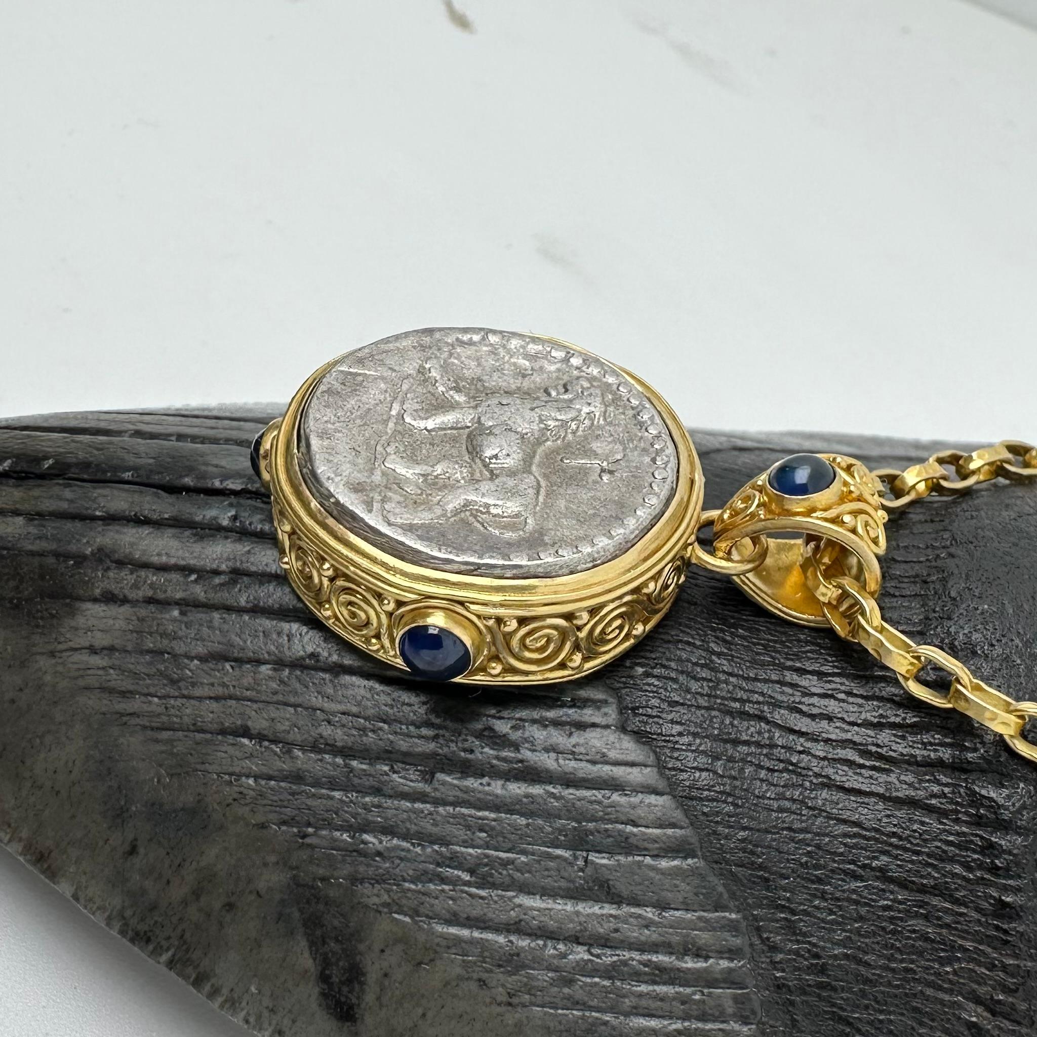 Ancient Greek Alexander the Great Lion Coin Blue Sapphires 18K Gold Pendant For Sale 8