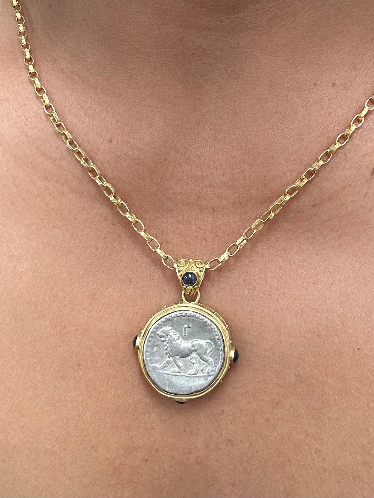 Ancient Greek Alexander the Great Lion Coin Blue Sapphires 18K Gold Pendant For Sale 10
