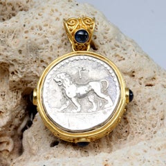Ancient Greek Alexander the Great Lion Coin Blue Sapphires 18K Gold Pendant
