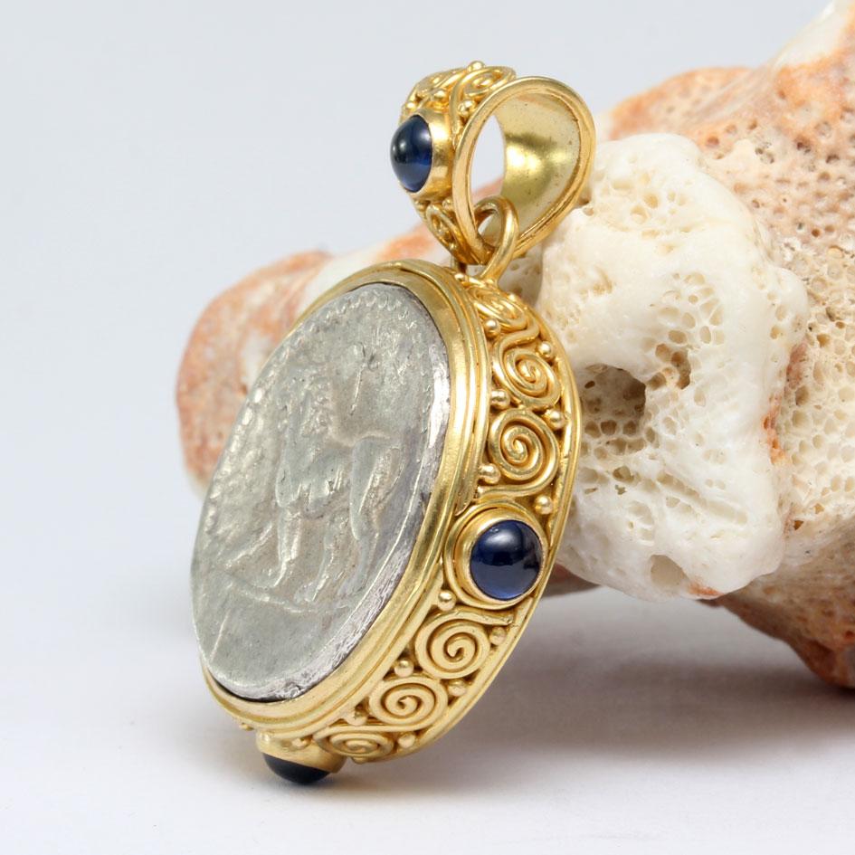 Classical Greek Ancient Greek Alexander the Great Lion Coin Blue Sapphires 18K Gold Pendant For Sale
