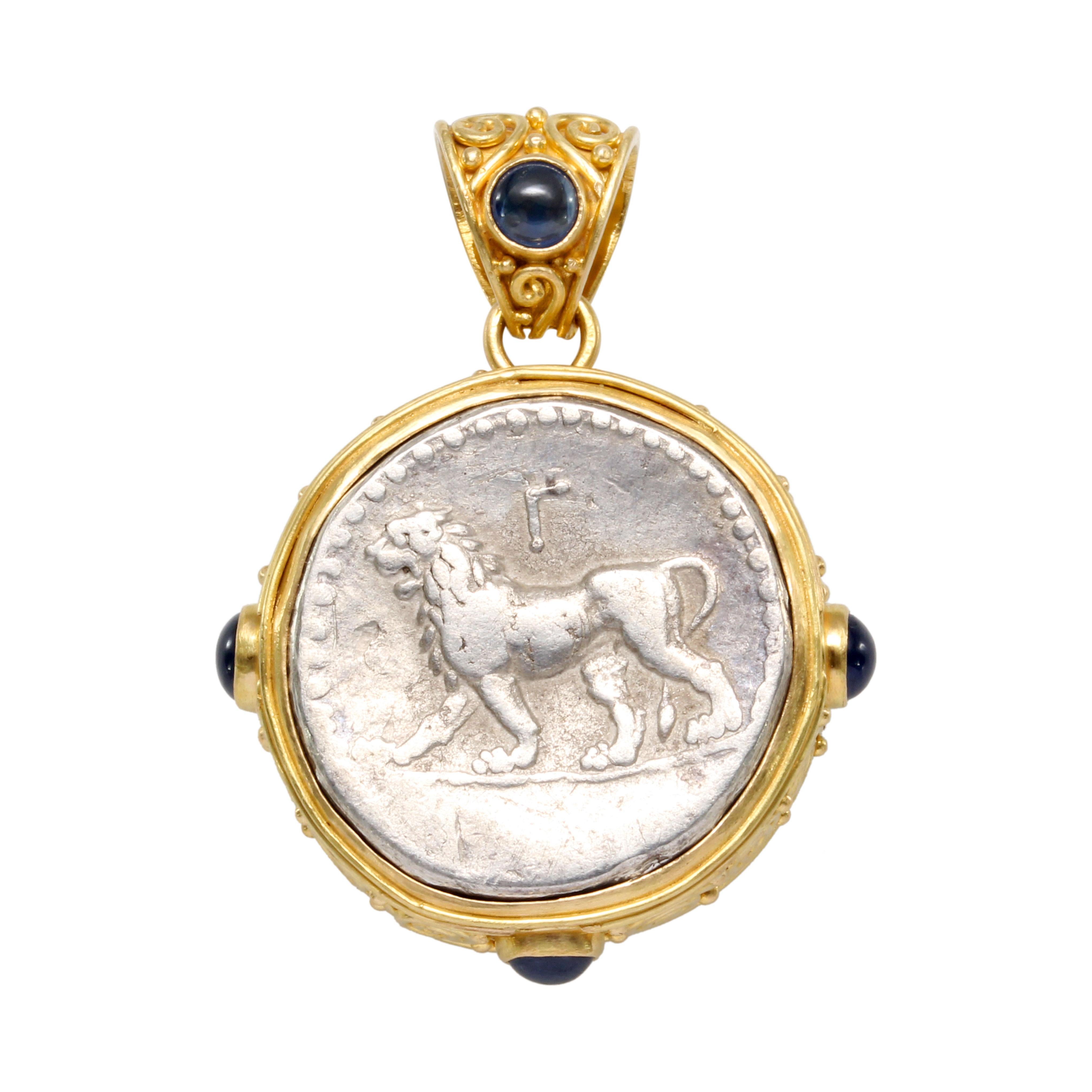Cabochon Ancient Greek Alexander the Great Lion Coin Blue Sapphires 18K Gold Pendant For Sale