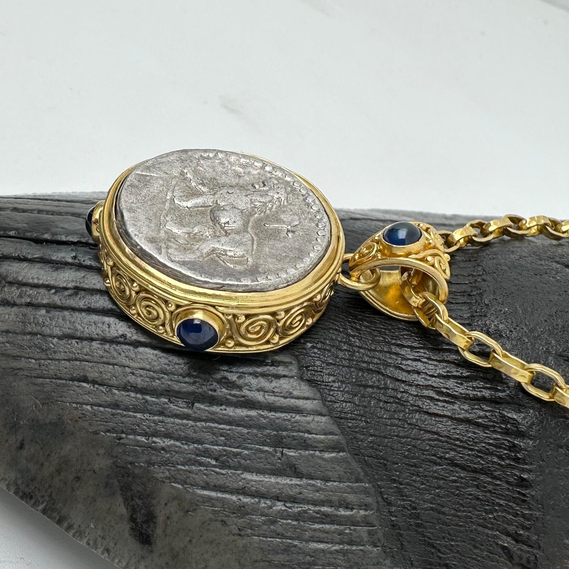 Ancient Greek Alexander the Great Lion Coin Blue Sapphires 18K Gold Pendant For Sale 3
