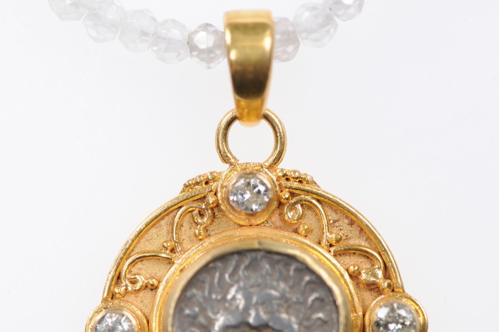 18th Century and Earlier Ancient Greek Apollonia Pontika AR Drachm Coin & 22 kt Gold w/ Diamonds Pendant