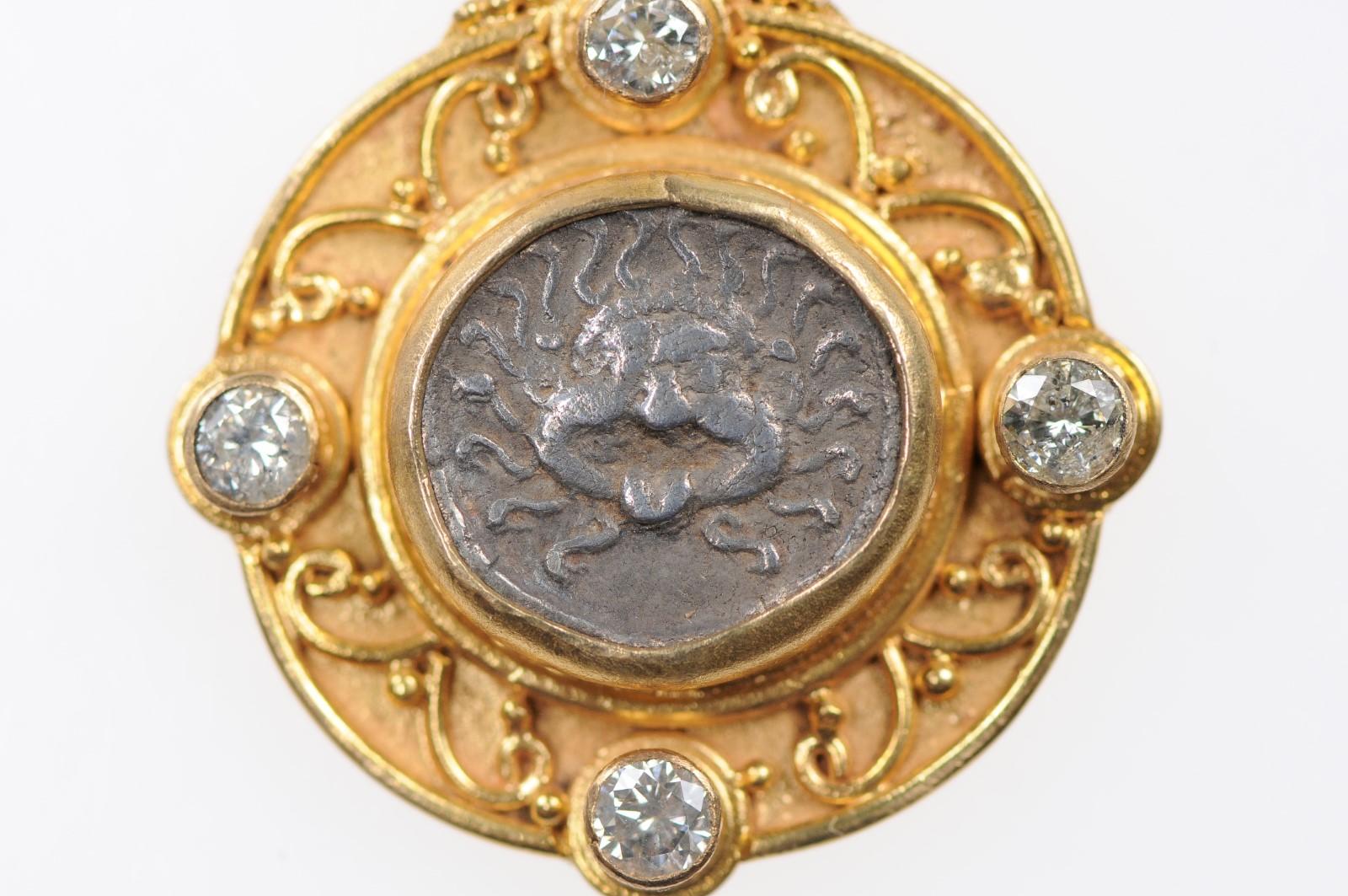 Ancient Greek Apollonia Pontika AR Drachm Coin & 22 kt Gold w/ Diamonds Pendant 1