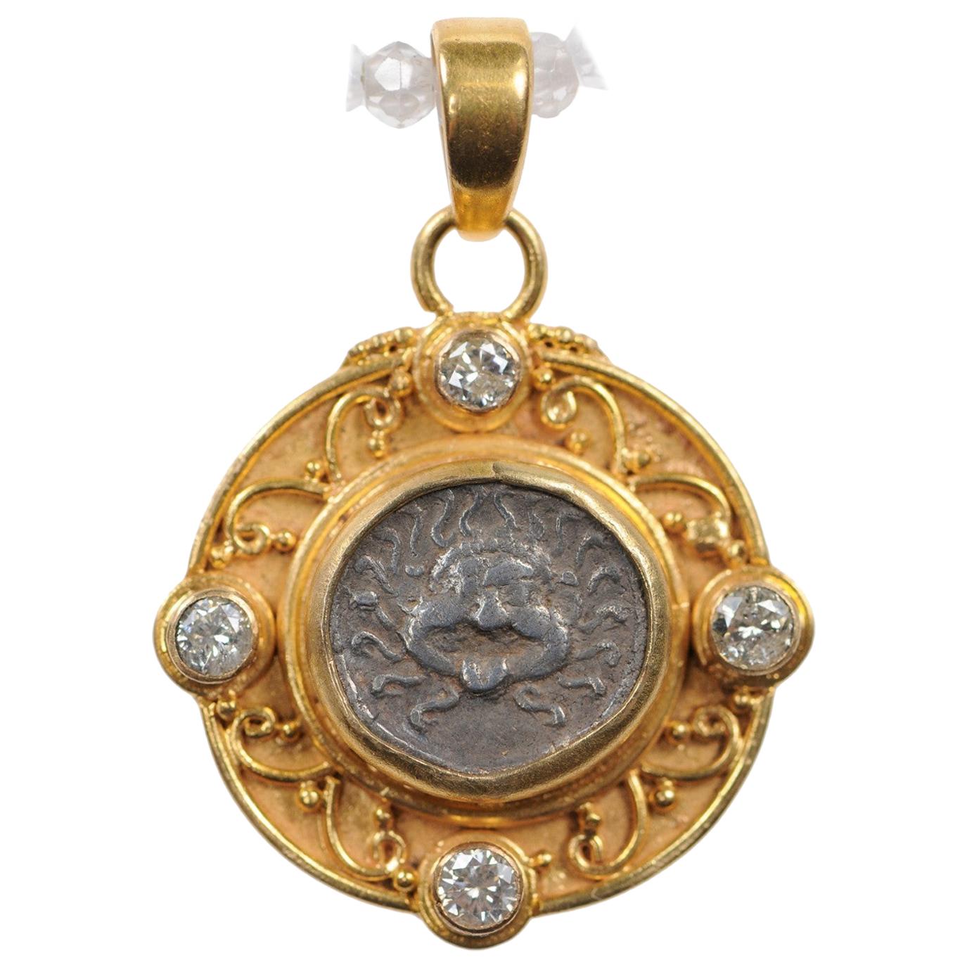 Ancient Greek Apollonia Pontika AR Drachm Coin & 22 kt Gold w/ Diamonds Pendant