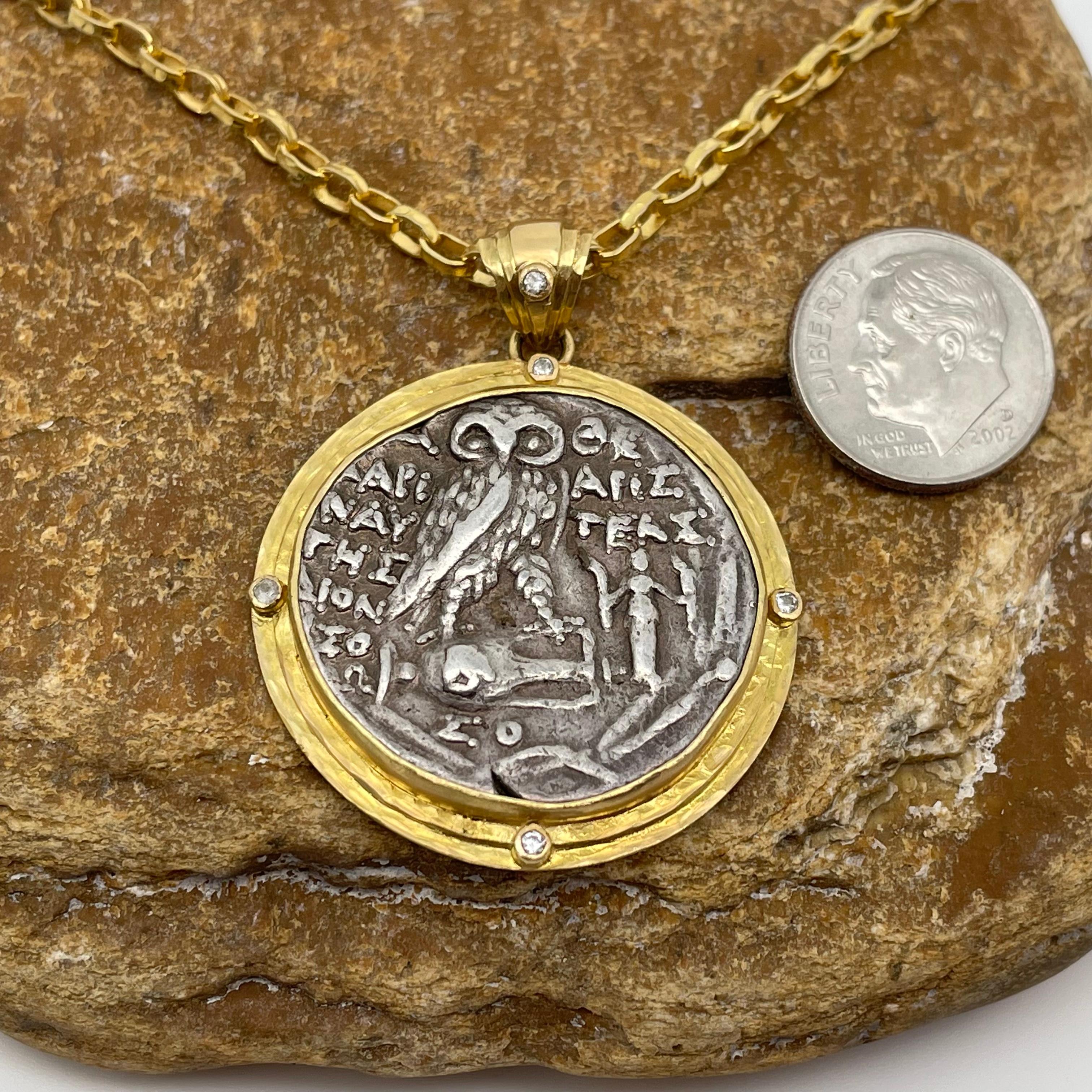 Classical Greek Ancient Greek 2nd Century BC Athena Owl Coin Diamonds 18K Pendant