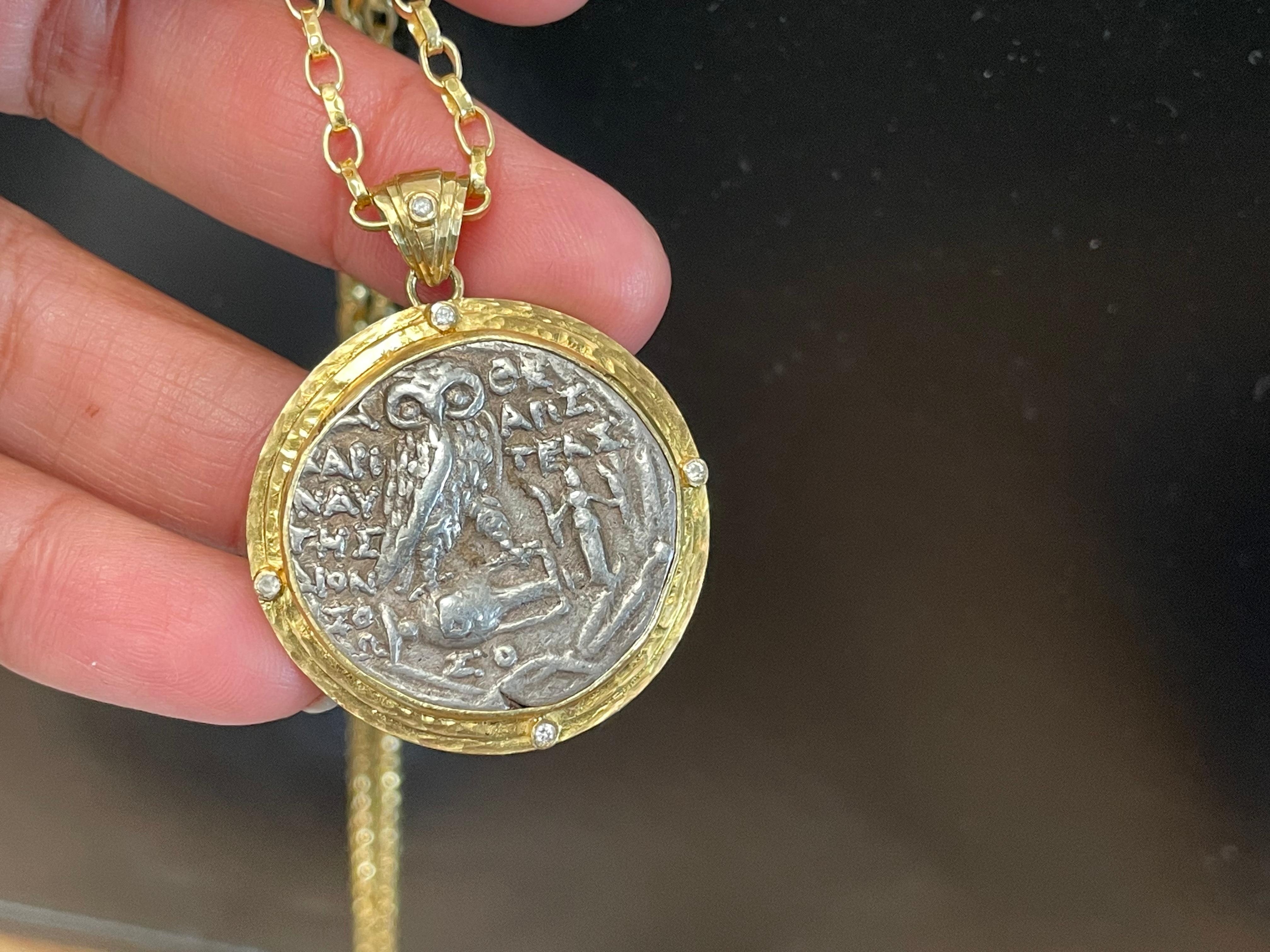  Pendentif en or 18 carats avec pièce de monnaie grecque antique Hibou d'Athènes du 2e siècle avant J.-C. et diamants Unisexe 