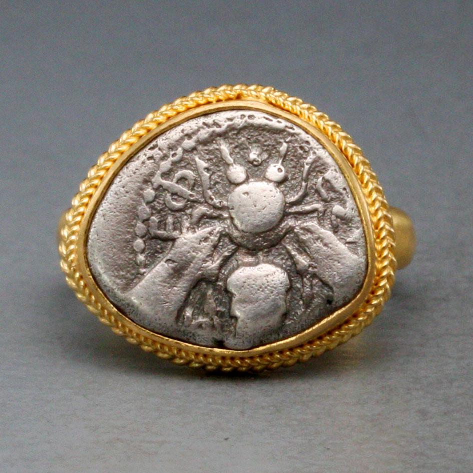 Ancient Greek Authentic 5th Century BC Ephesus Bee Coin 22K Gold Ring For Sale 2