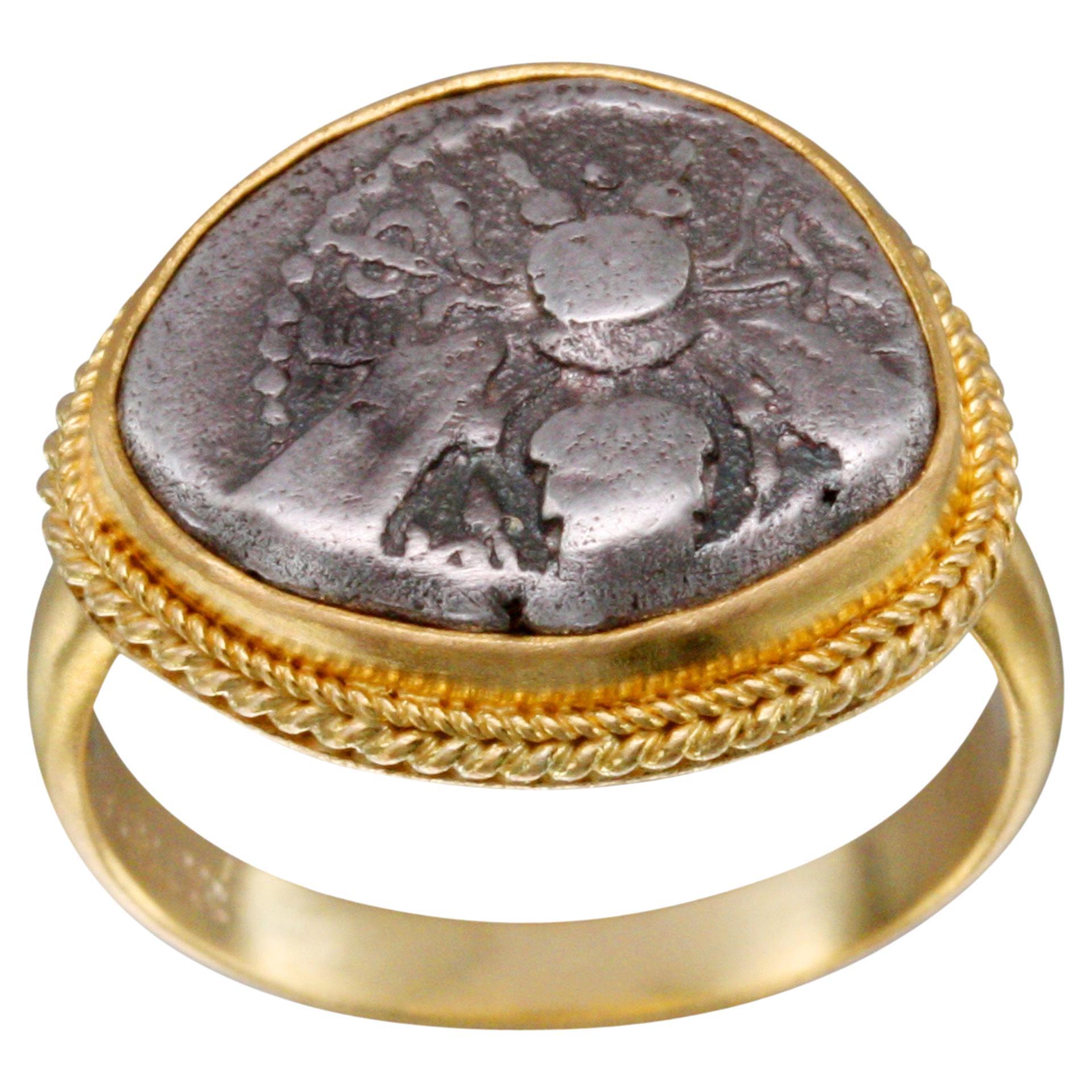 Ancient Greek Authentic 5th Century BC Ephesus Bee Coin 22K Gold Ring For Sale