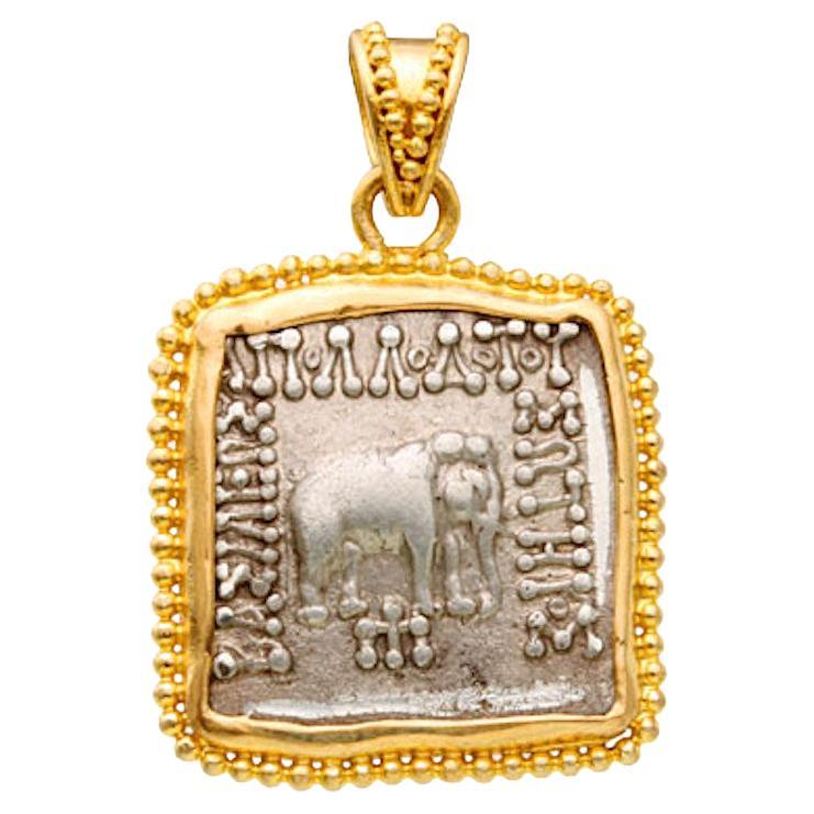 Ancient Greek Bactria 2nd Century BC Elephant Coin 22K Gold Pendant