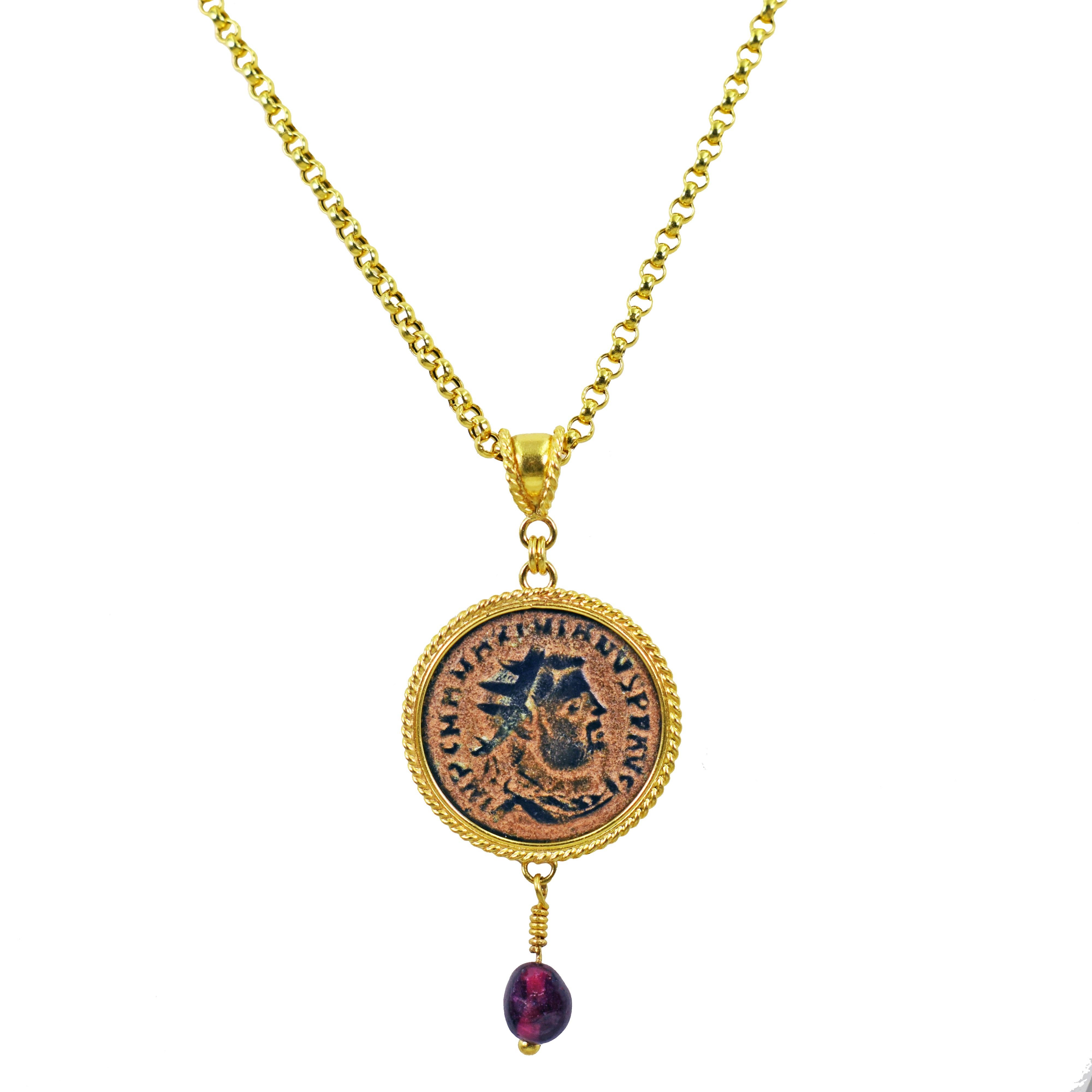 Contemporary Ancient Roman Bronze Coin and Garnet Drop 22 Karat Gold Pendant Necklace For Sale