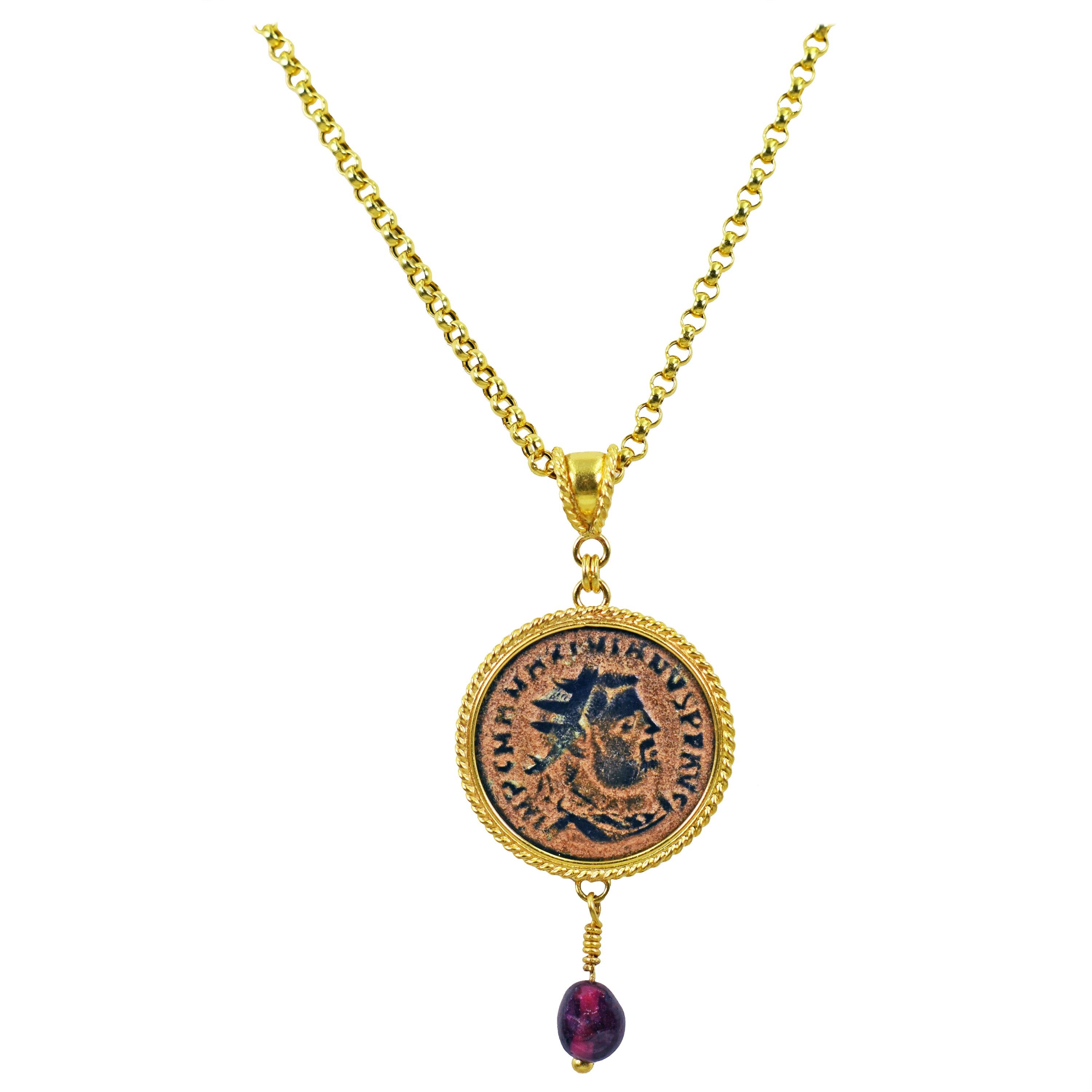 Ancient Roman Bronze Coin and Garnet Drop 22 Karat Gold Pendant Necklace