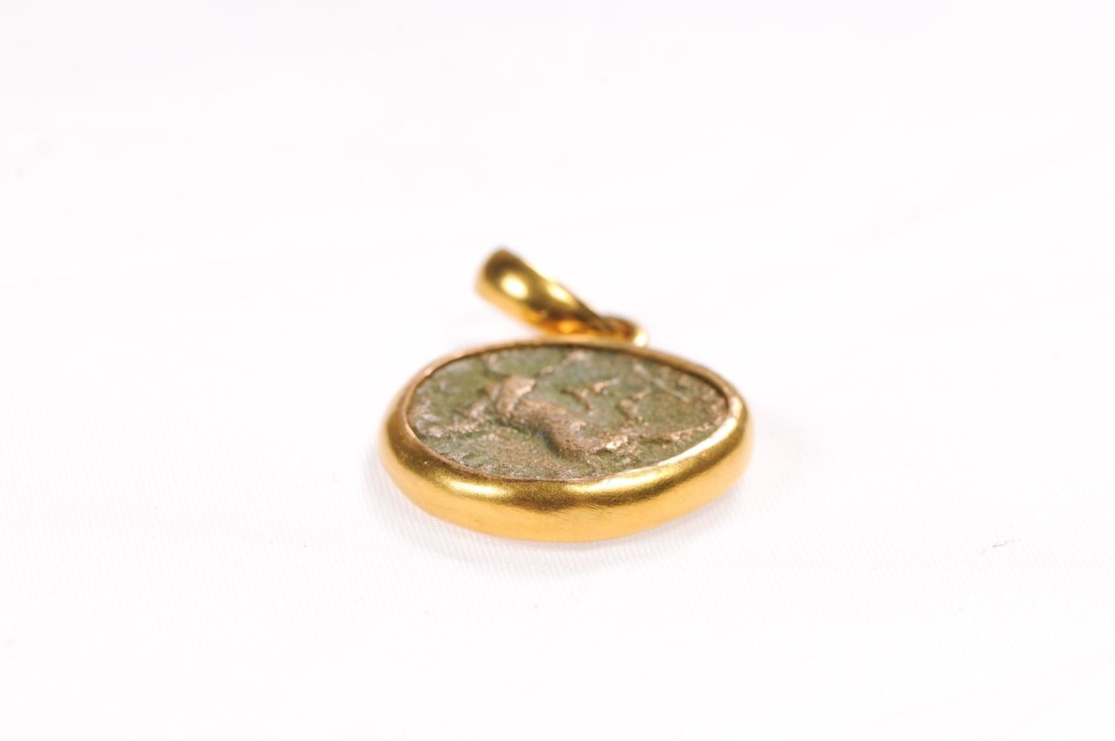 Ancient Greek Bronze Coin in 22kt Pendant (pendant only) For Sale 1