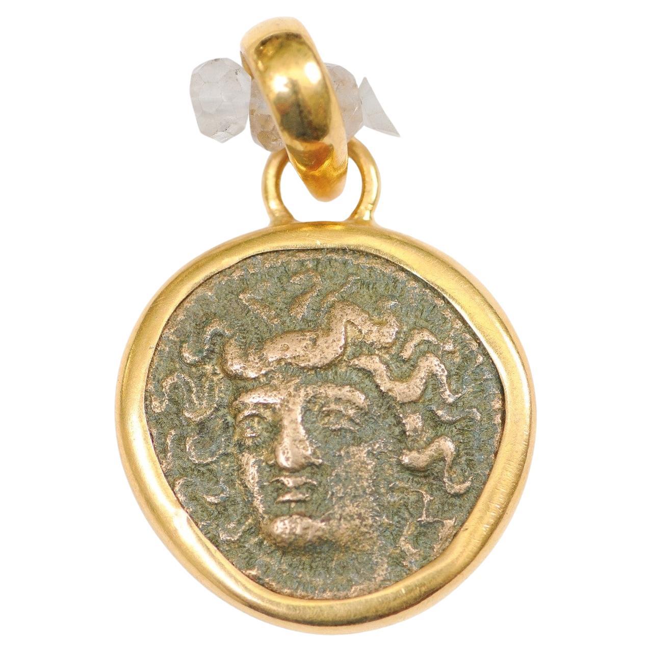 Ancient Greek Bronze Coin in 22kt Pendant (pendant only) For Sale