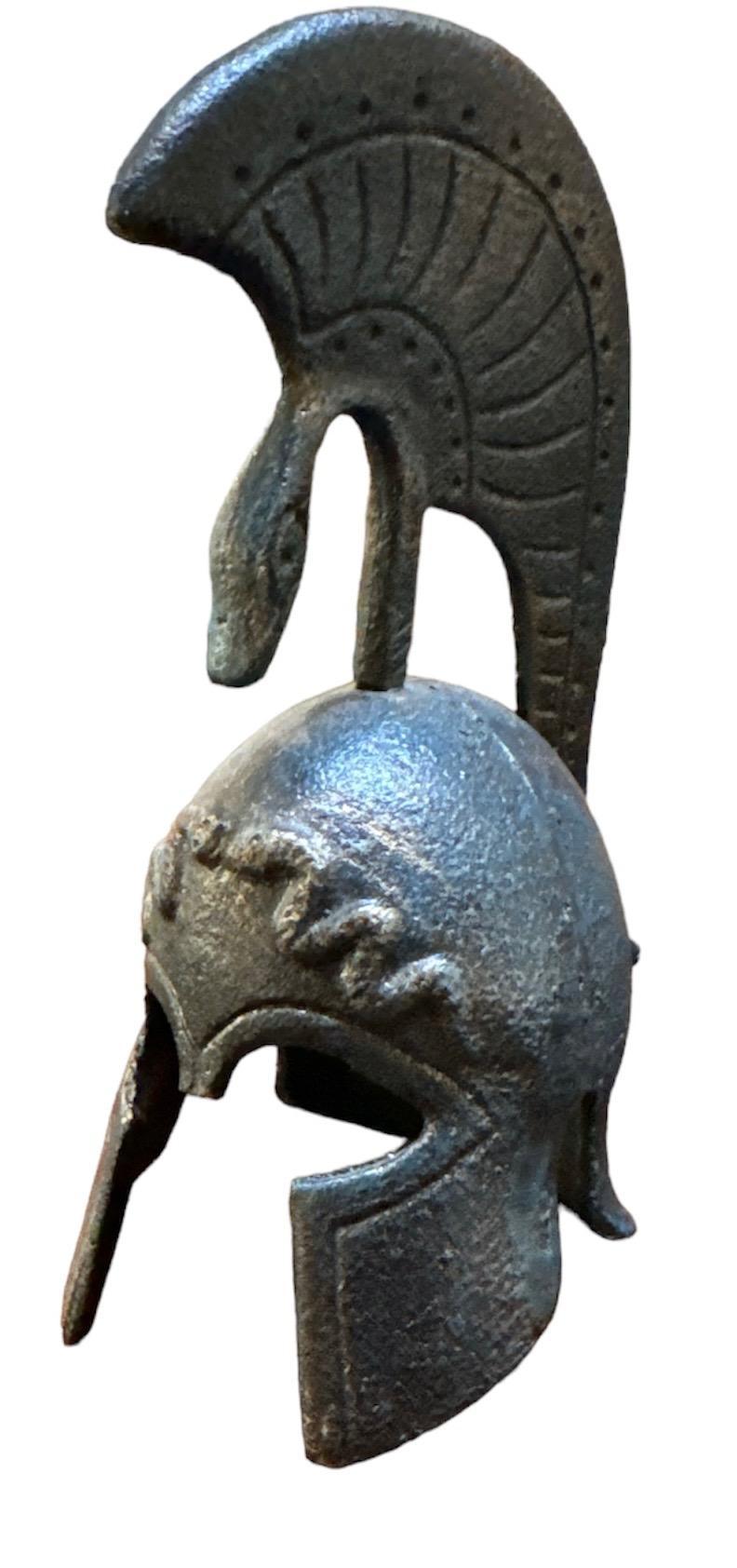 Ancient Greek Bronze Spartan Corinthian Helmet in a miniature size. Womderful desk weight in amazing painta. Great texture and weight to this helmet. Measures approx - 5deep x 3.5 wide x 6 high
