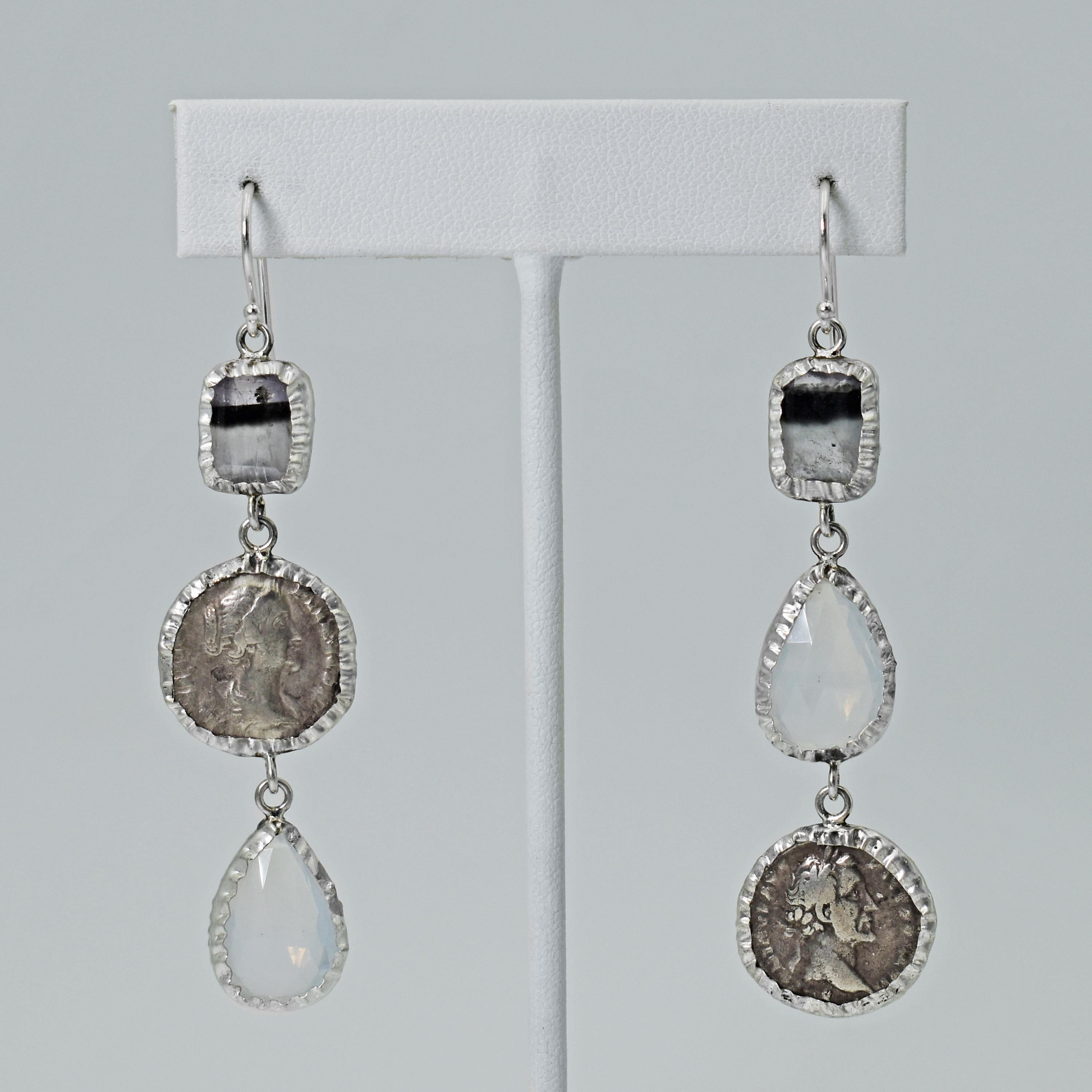 Blue John Fluorite, ancient Greek silver coin and rose cut Moonstone sterling silver asymmetrical dangle earrings. Matching pendant necklace is available separately on our storefront. Unique, one-of-a-kind dangle artisan earrings.
