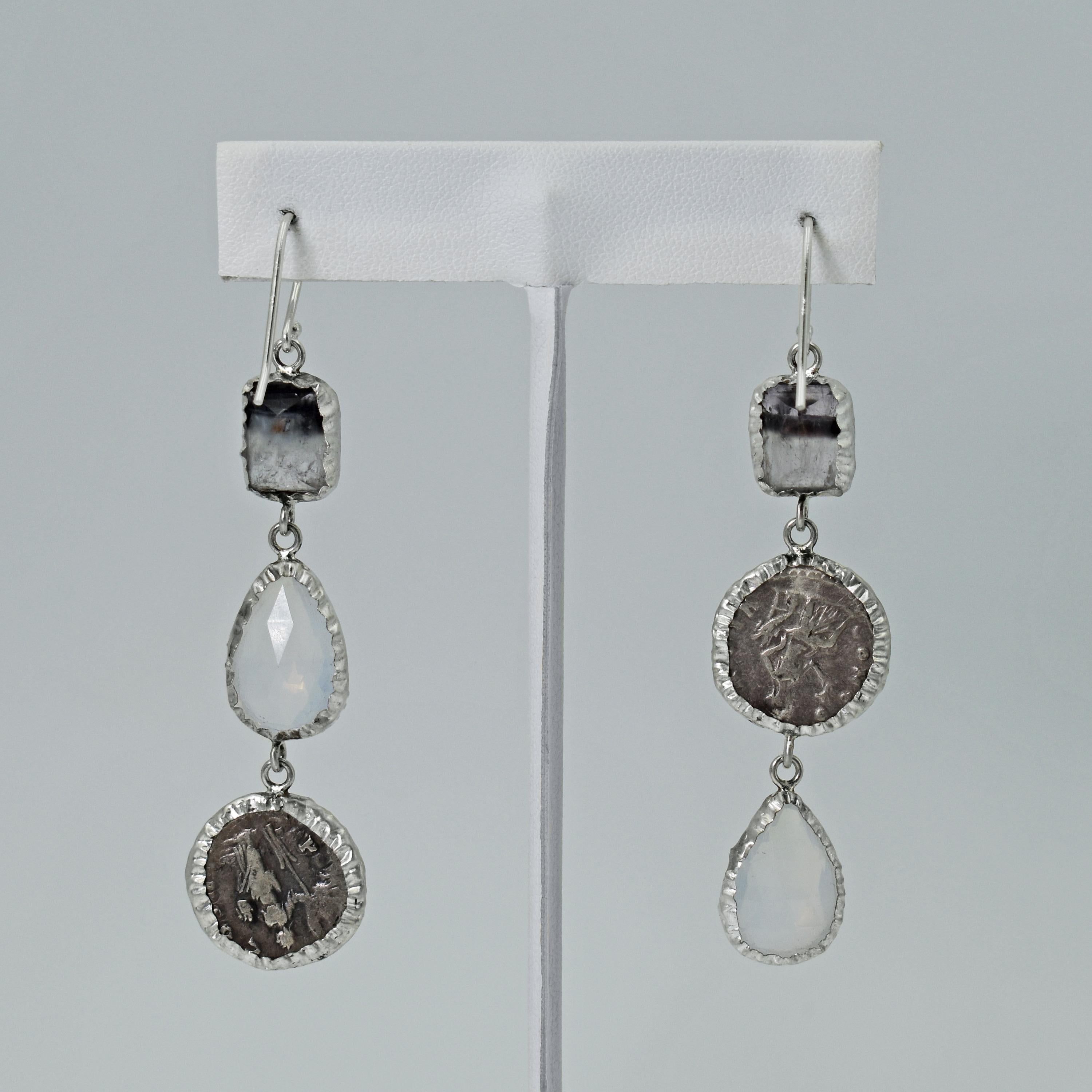 Rose Cut Ancient Greek Coin, Fluorite and Moonstone Asymmetrical Dangle Earrings