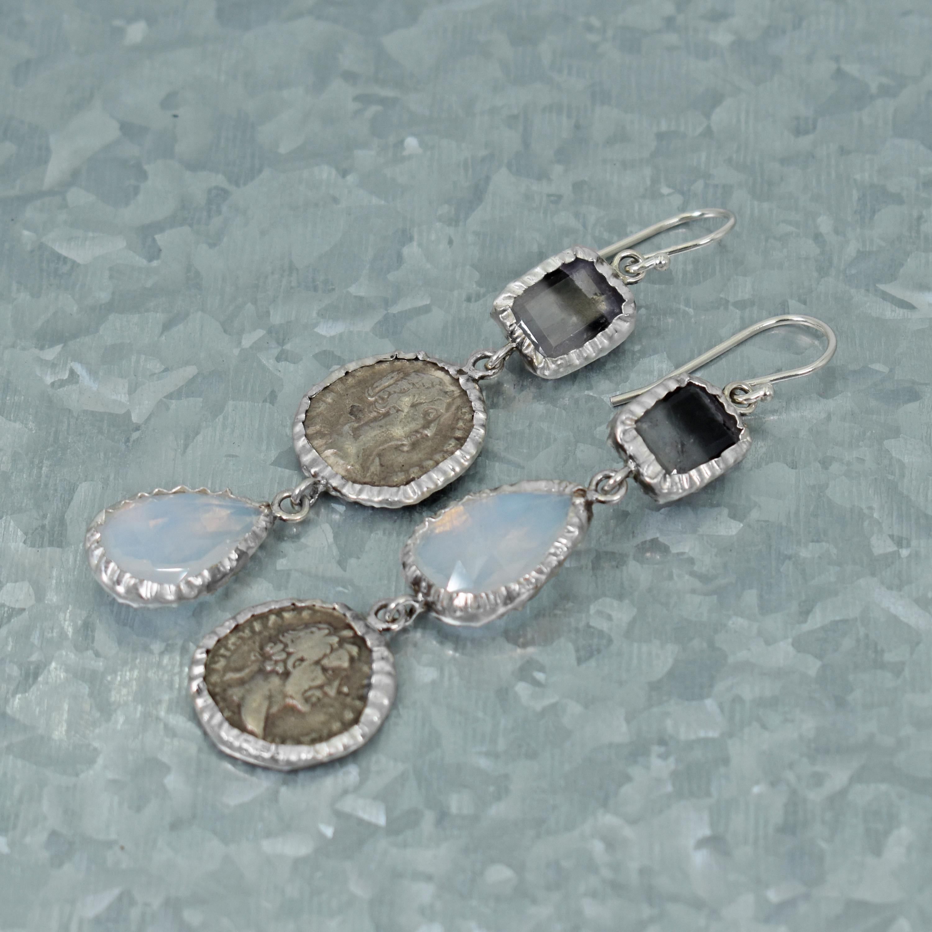 Ancient Greek Coin, Fluorite and Moonstone Asymmetrical Dangle Earrings In New Condition In Naples, FL
