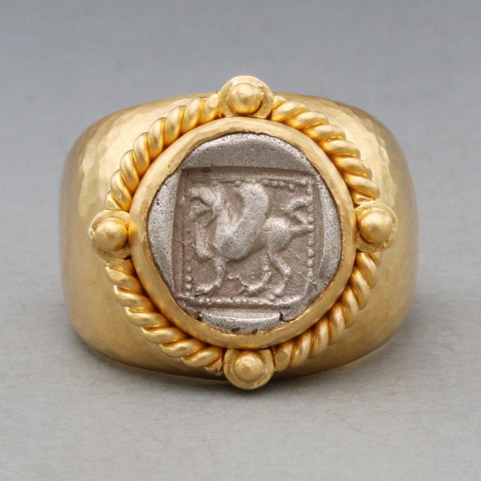 Antike griechische Greifenmünze aus dem 5. Jahrhundert v. Chr. 22K Gold Ring für Damen oder Herren im Angebot