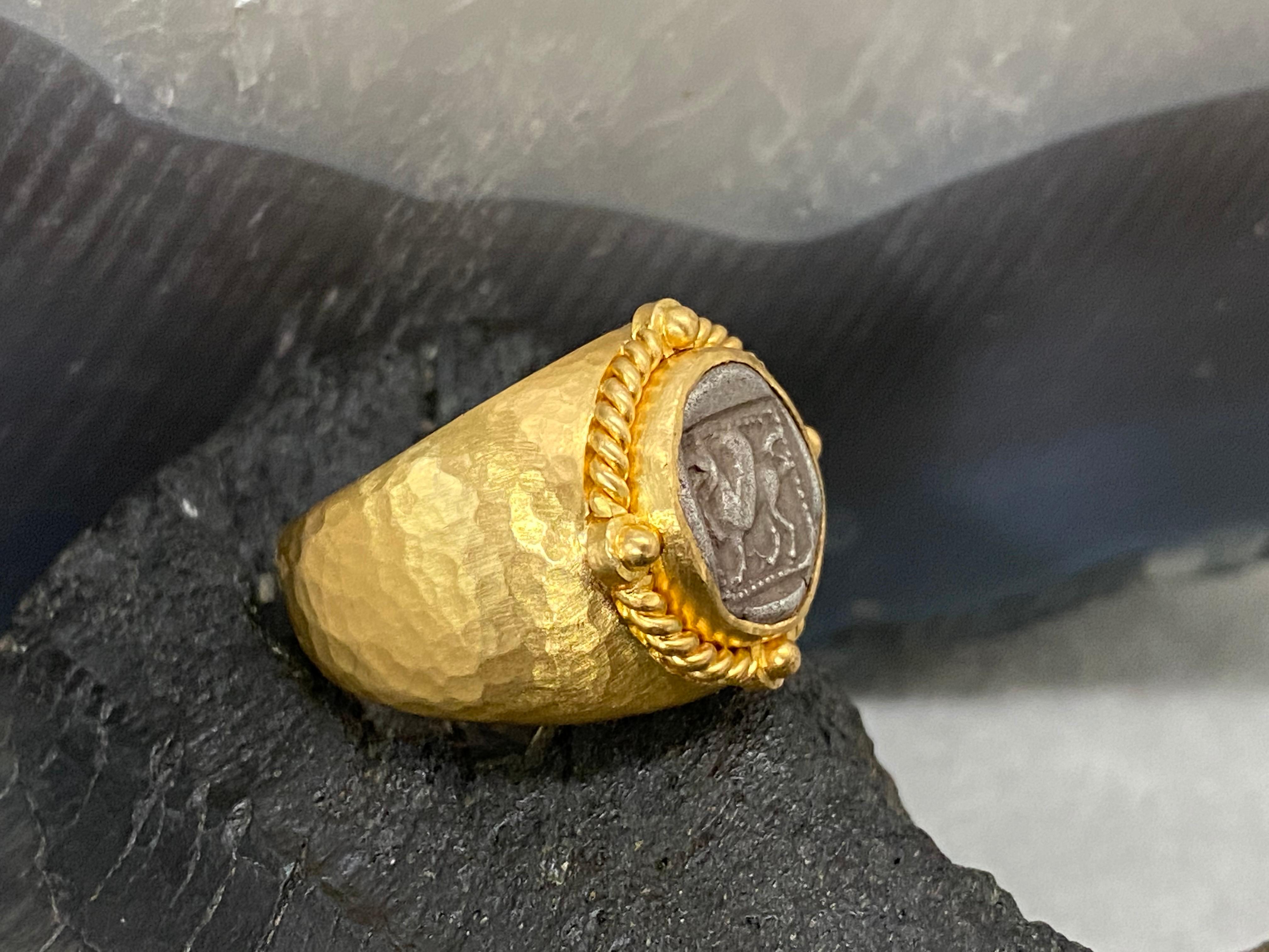 Classical Greek Ancient Greek 5th Century BC Griffin Coin 22K Gold Ring For Sale