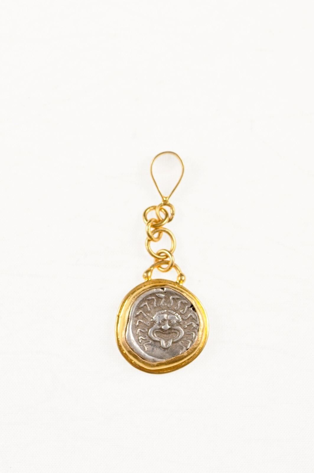 Classical Greek Ancient Greek Coin in 22k Drop Pendant For Sale