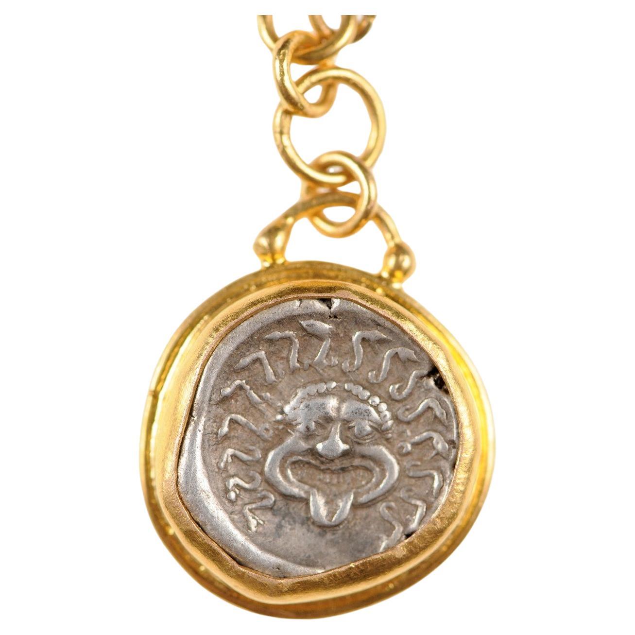 Ancient Greek Coin in 22k Drop Pendant For Sale