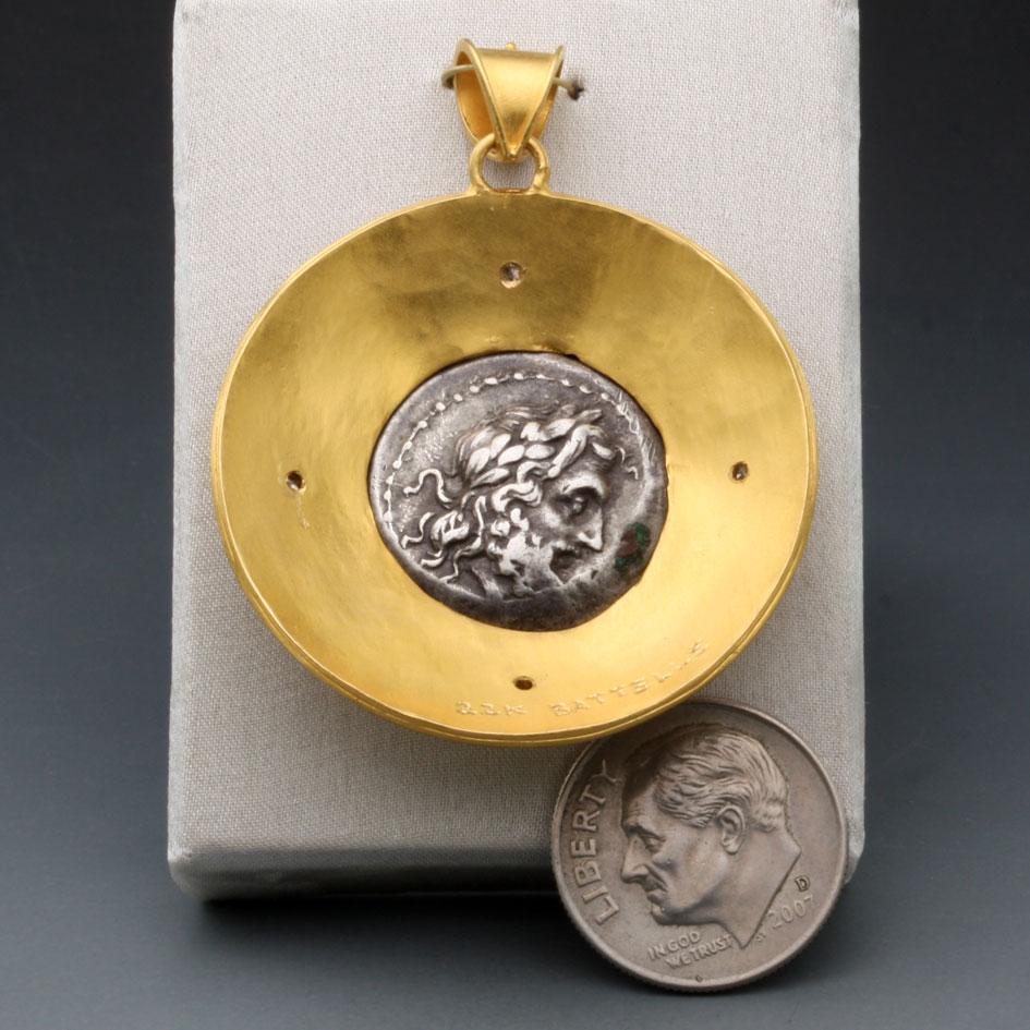 Round Cut Ancient Greek 3rd Century BC Nike Coin Diamonds Pendant 22k Gold