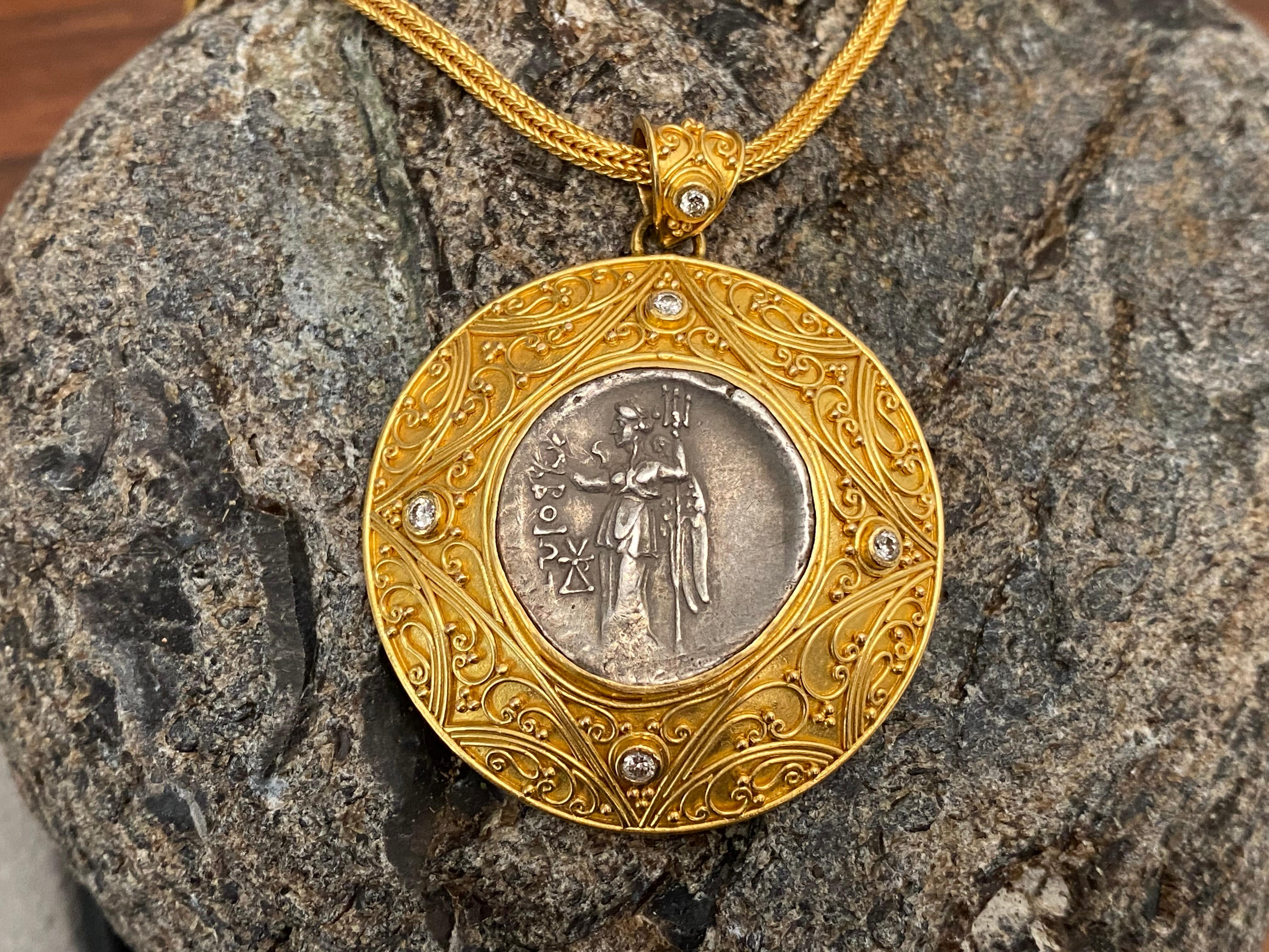 Ancient Greek 3rd Century BC Nike Coin Diamonds Pendant 22k Gold In New Condition In Soquel, CA