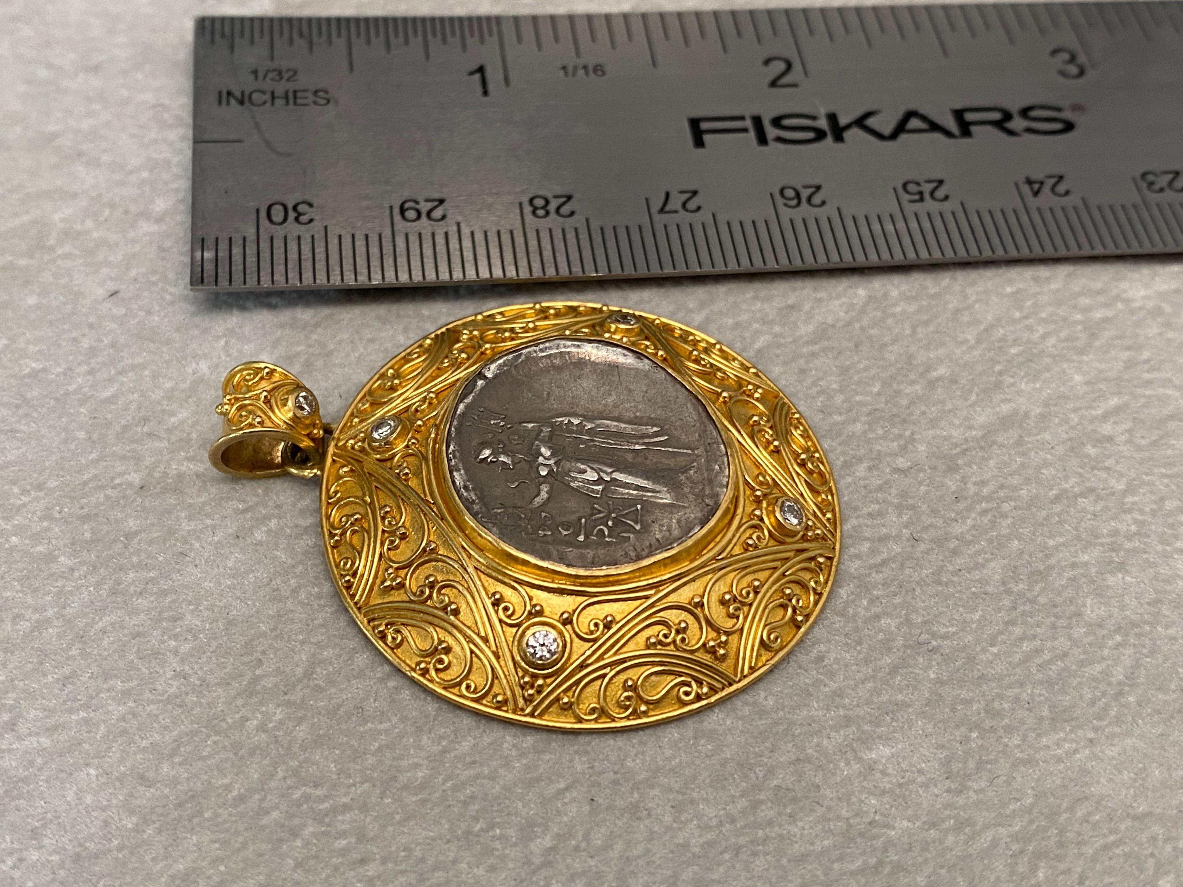 Women's or Men's Ancient Greek 3rd Century BC Nike Coin Diamonds Pendant 22k Gold