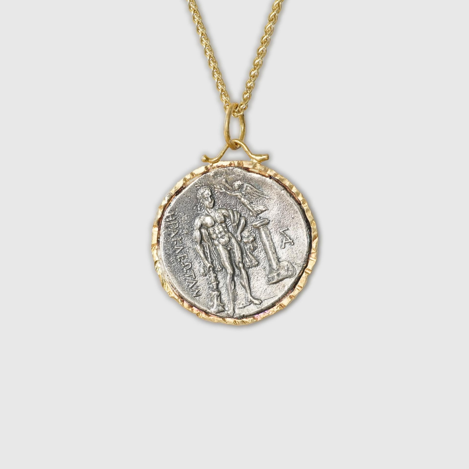 Classical Greek Ancient Greek Coin (Replica) Pendant with Head Wreath & Wheat, 0.07cts Diamonds For Sale