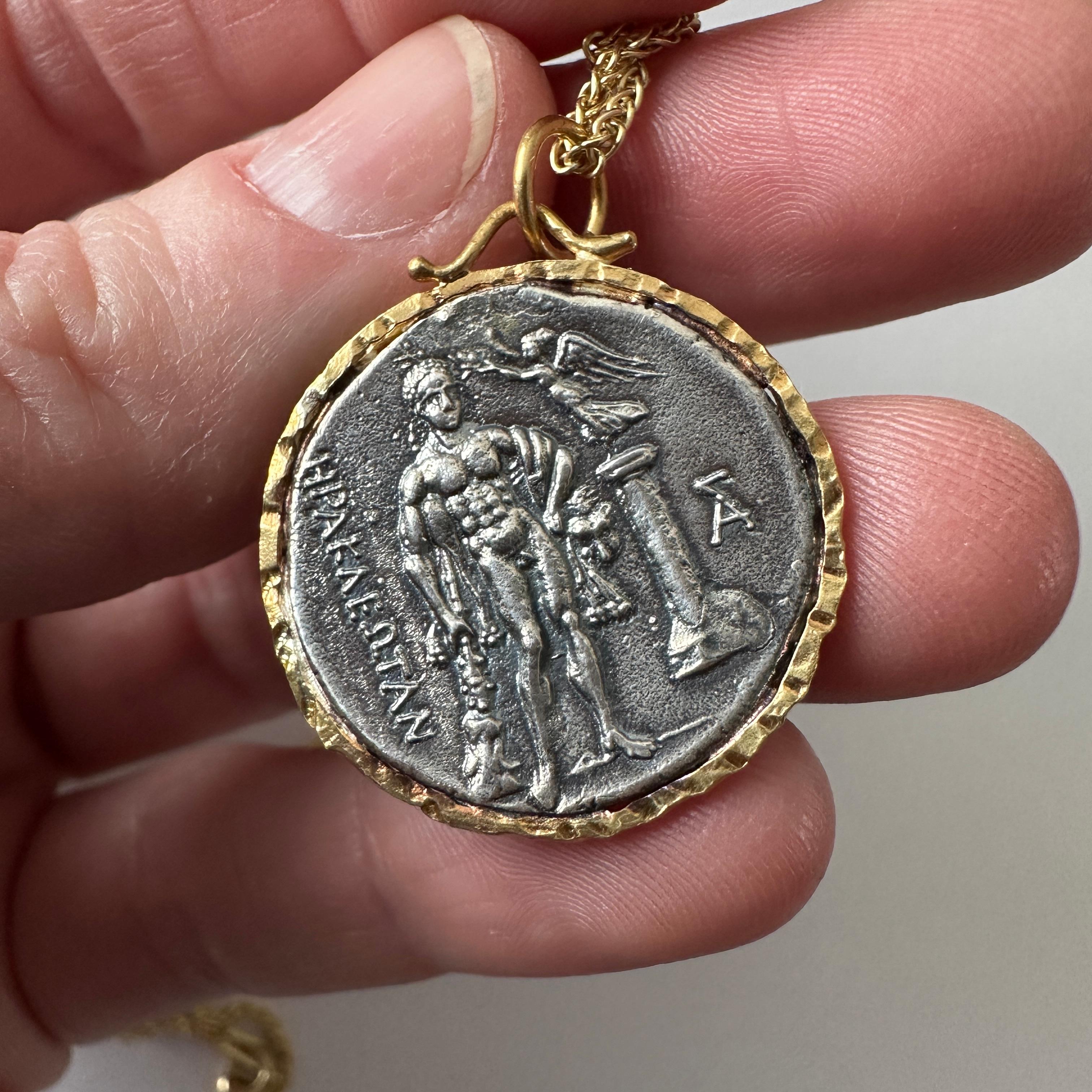 Ancient Greek Coin (Replica) Pendant with Head Wreath & Wheat, 0.07cts Diamonds In New Condition For Sale In Bozeman, MT