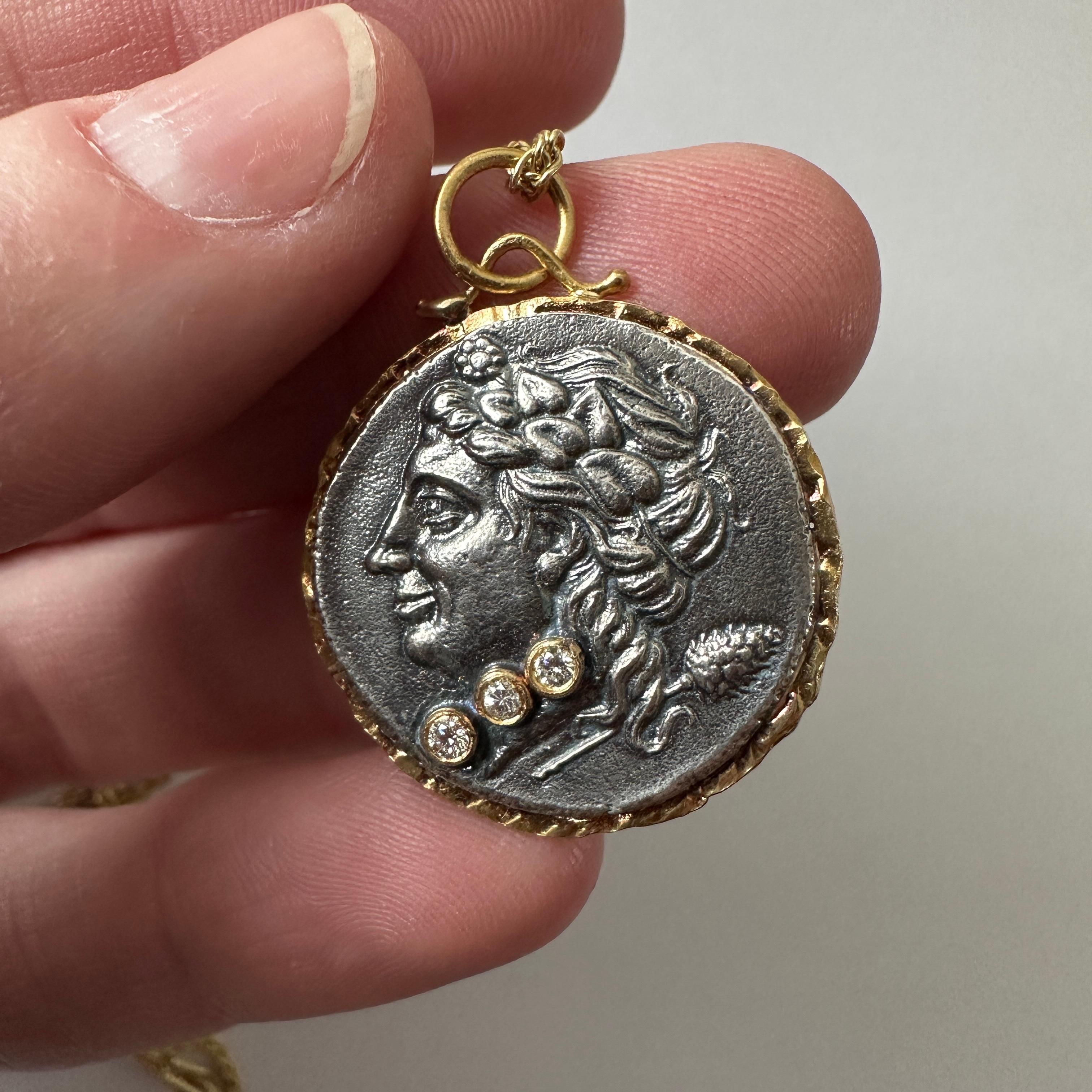 Women's or Men's Ancient Greek Coin (Replica) Pendant with Head Wreath & Wheat, 0.07cts Diamonds For Sale