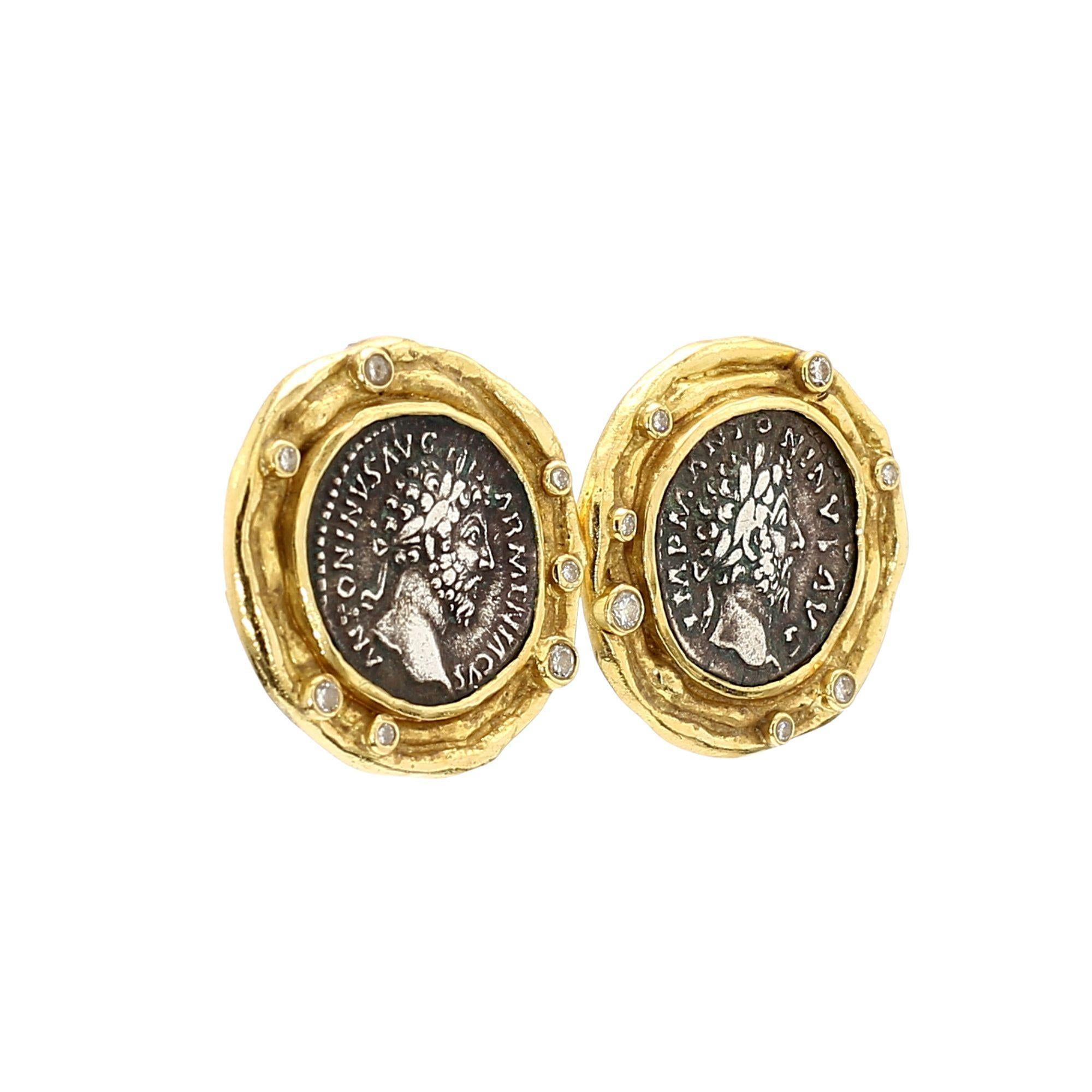 Boucles d'oreilles en or jaune 22K serties de pièces de monnaie de la Grèce antique et de diamants taillés en rond en vente 2