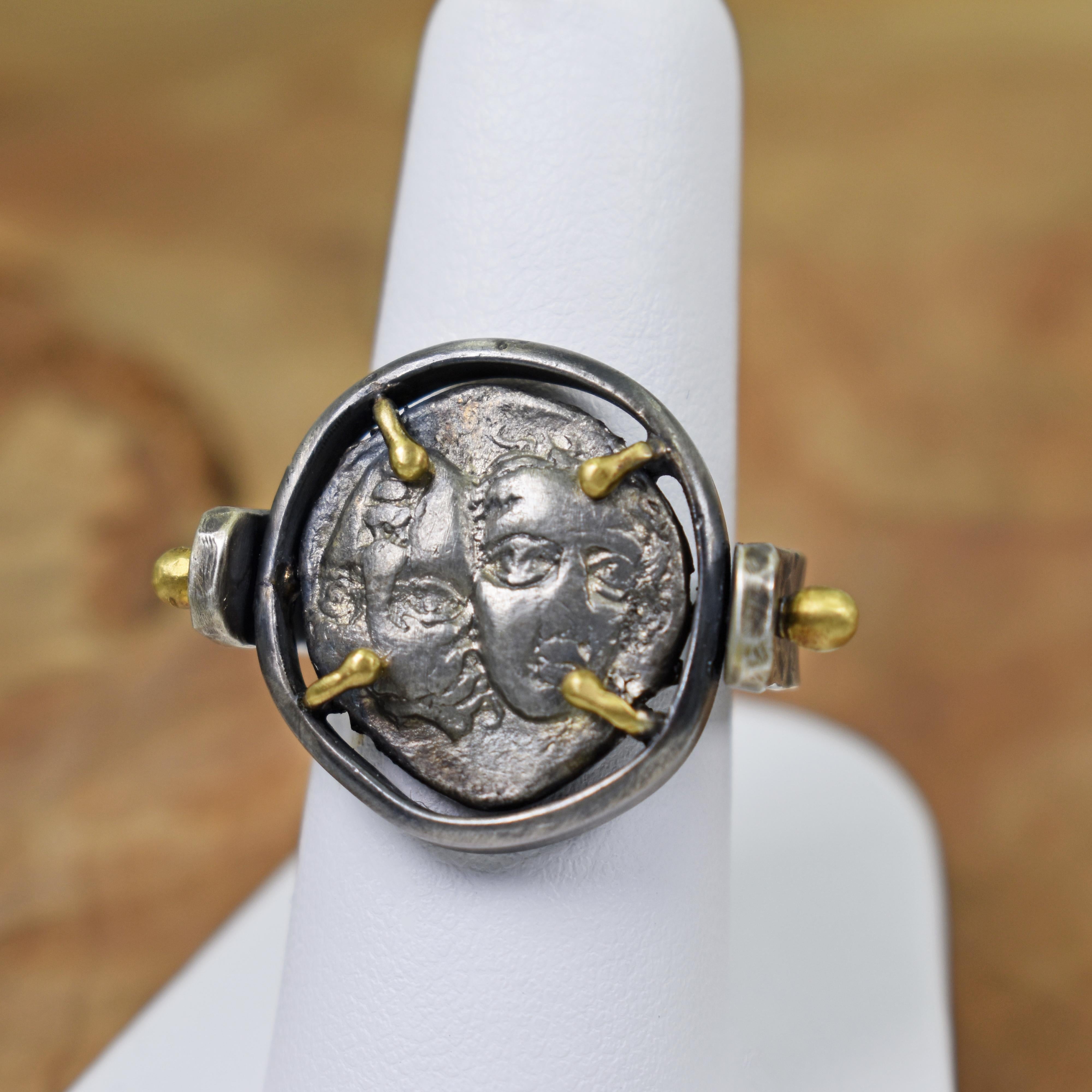 Ancient Greek Coin Sterling Silver and 22 Karat Gold Flip Ring 4