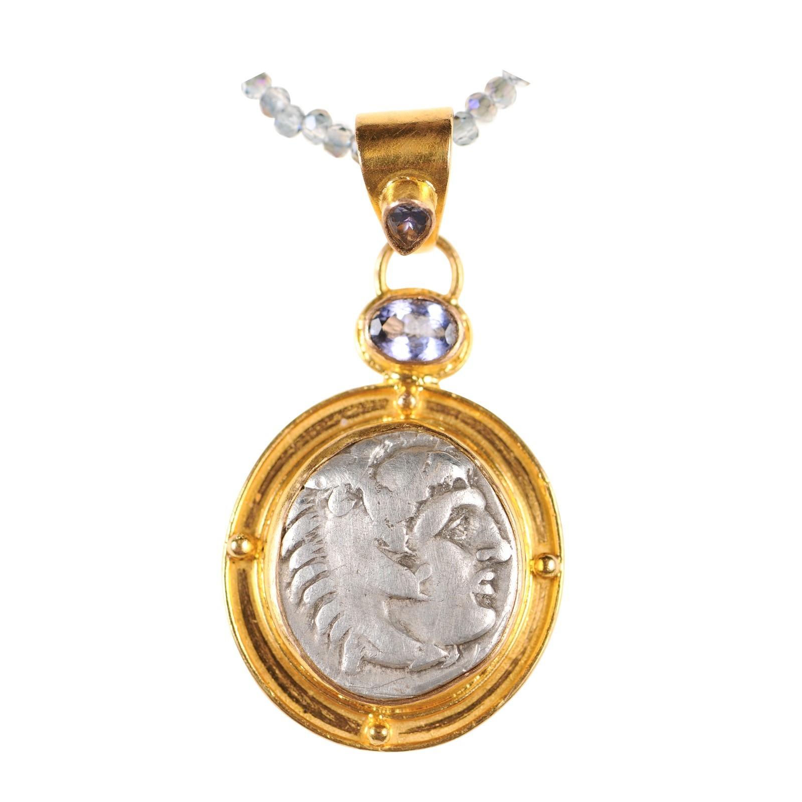 Antike griechische Münze und Tansanit-Anhänger (pendant nur) im Angebot 5