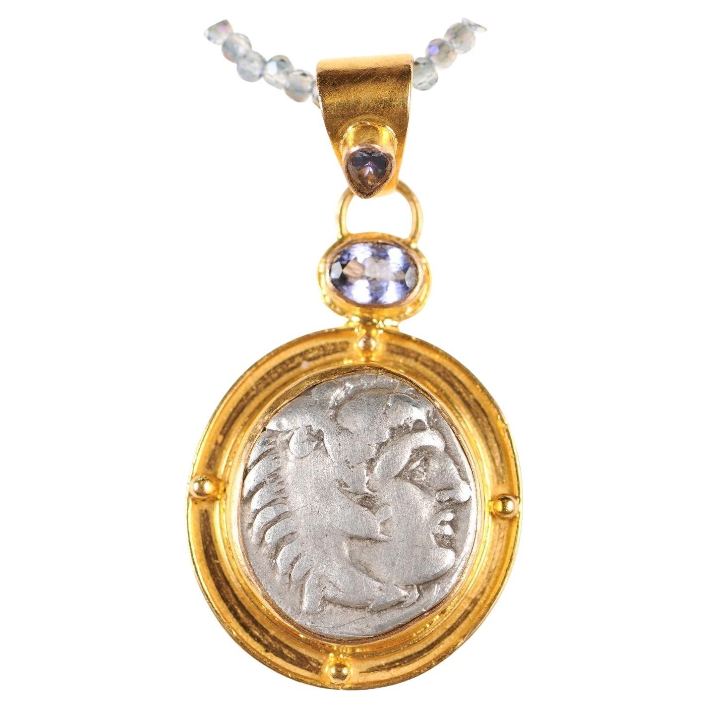 Ancient Greek Coin & Tanzanite Pendant (pendant only) For Sale