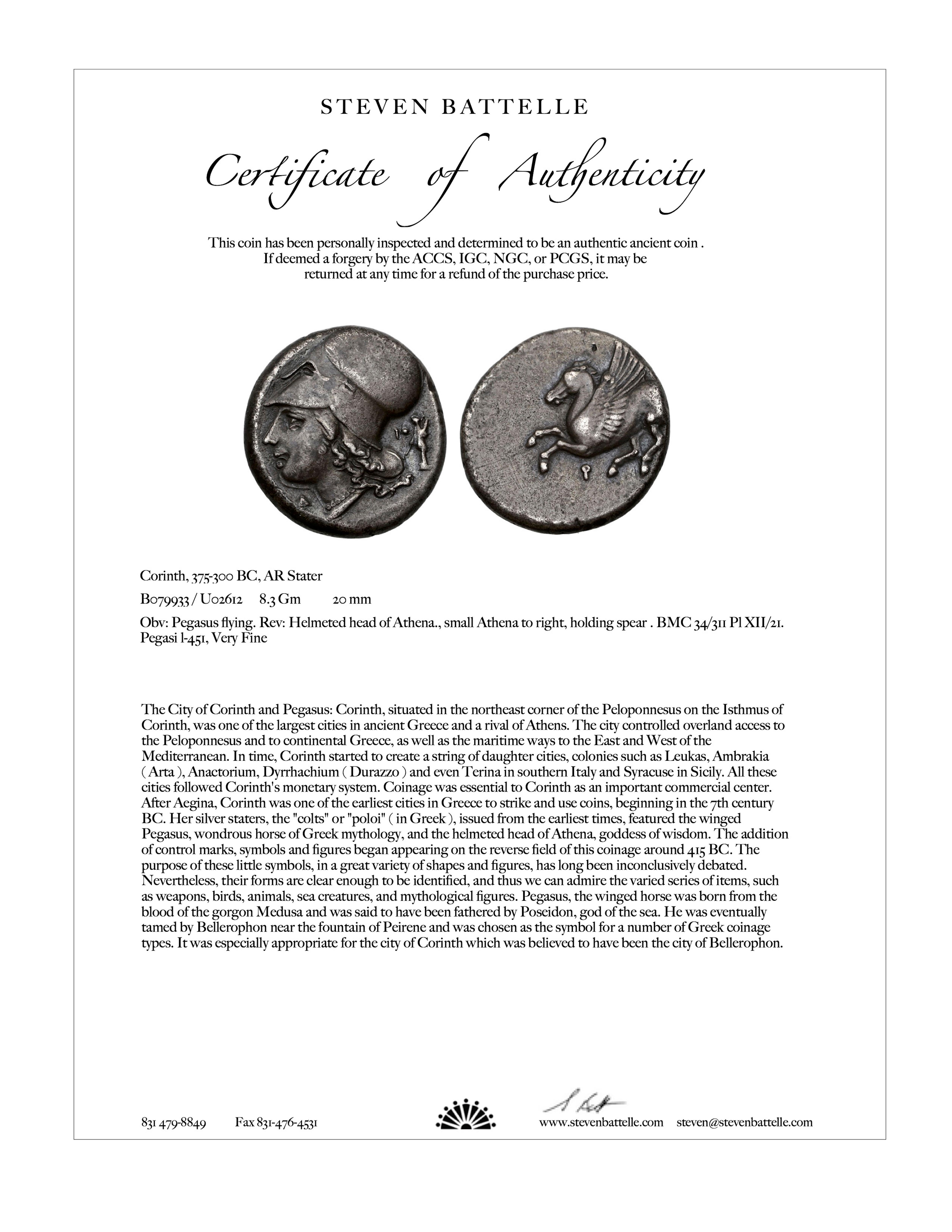 Ancient Greek Corinth 4th Century BC Athena Pegasus Coin 18K Gold Pendant 1