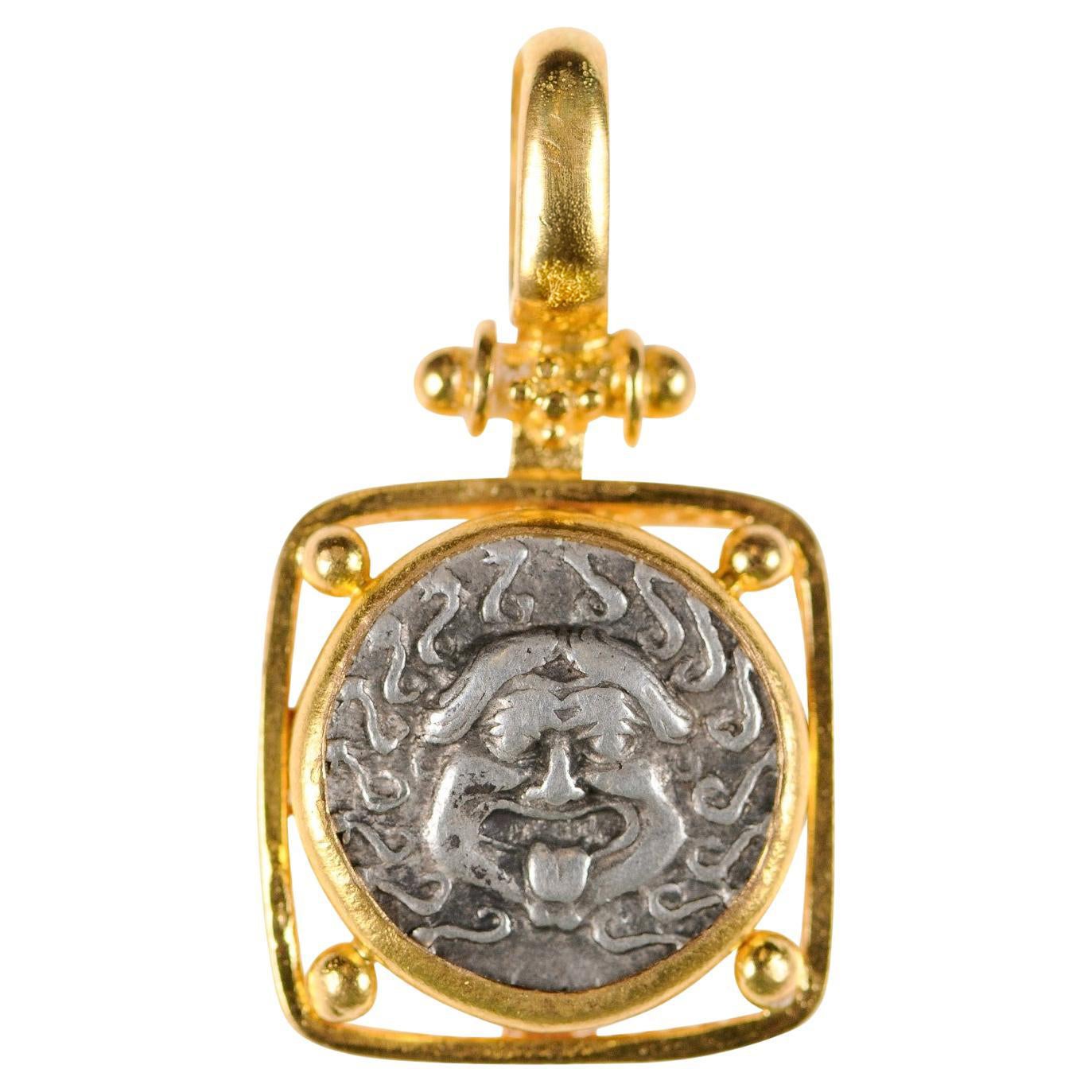Greek Drachm, circa 450-400 BC, Coin Pendant set in Decorative 22k Gold Setting For Sale