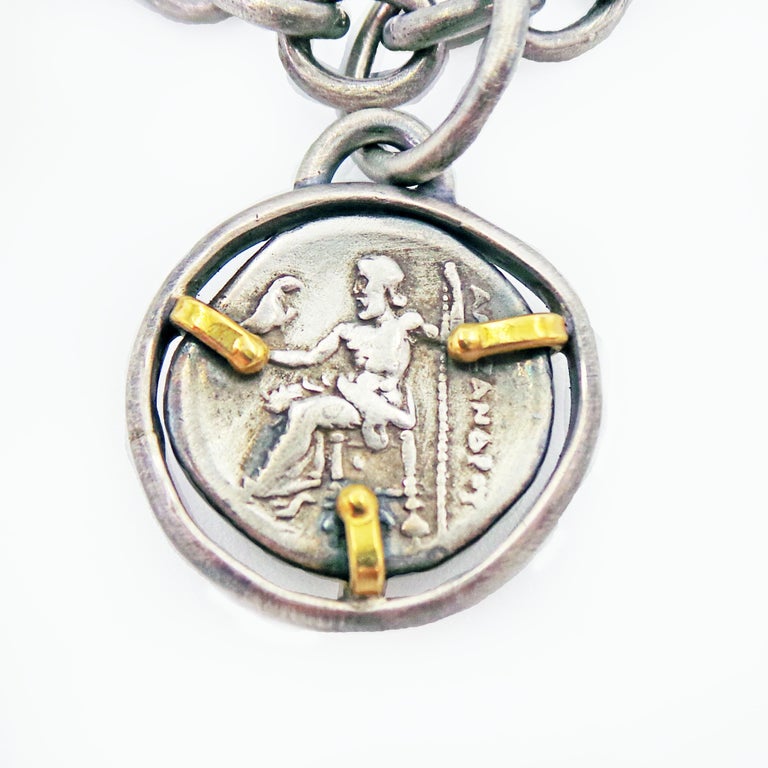 Ancient Greek Drachm Silver Coin Reversible Pendant on Oxidized Chain Necklace In New Condition In Naples, FL